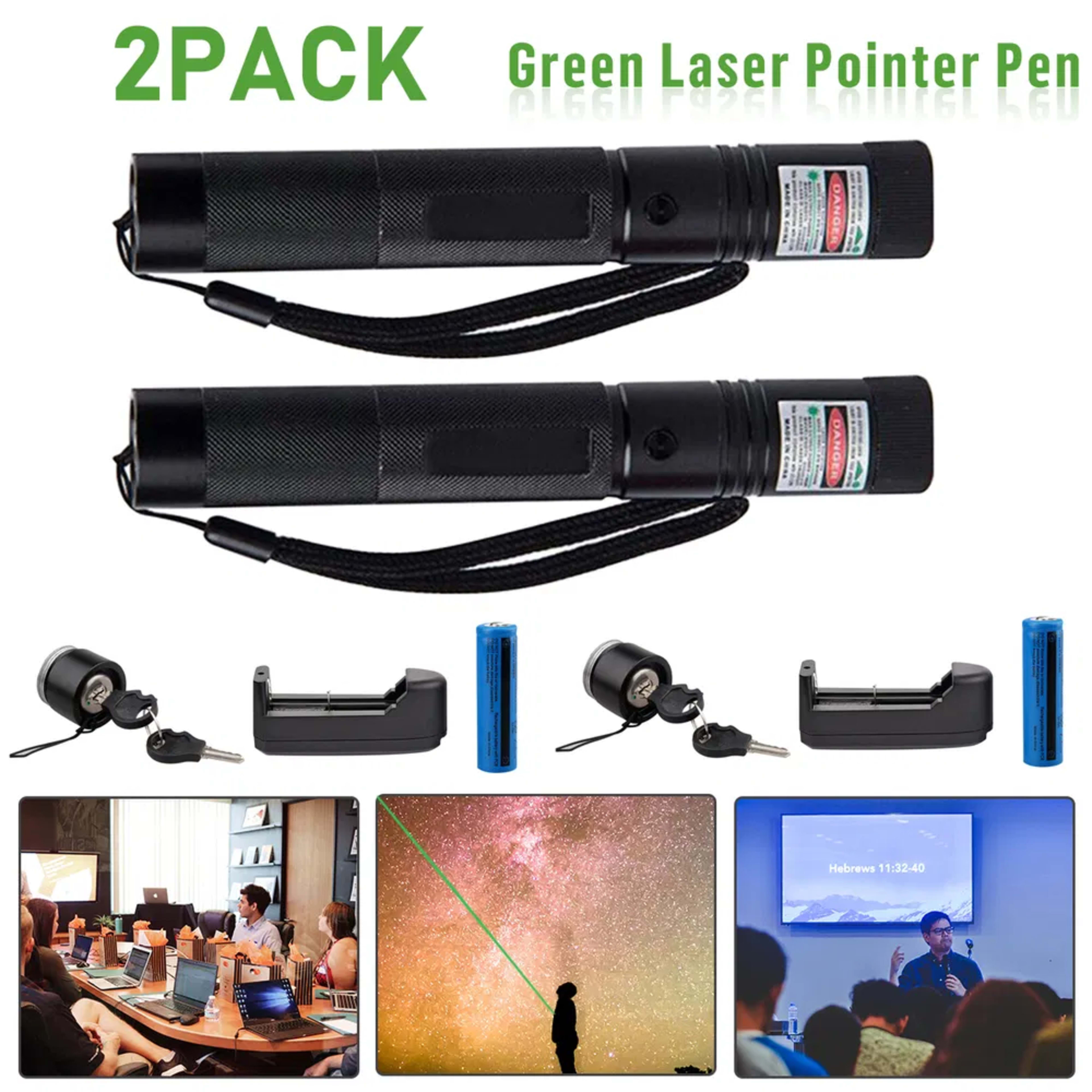 2 Pack-Rechargeable 532nm Visible Beam Light Laser Green Laser Pointer Pen - Battery - Charger Set-Logistics Only For US