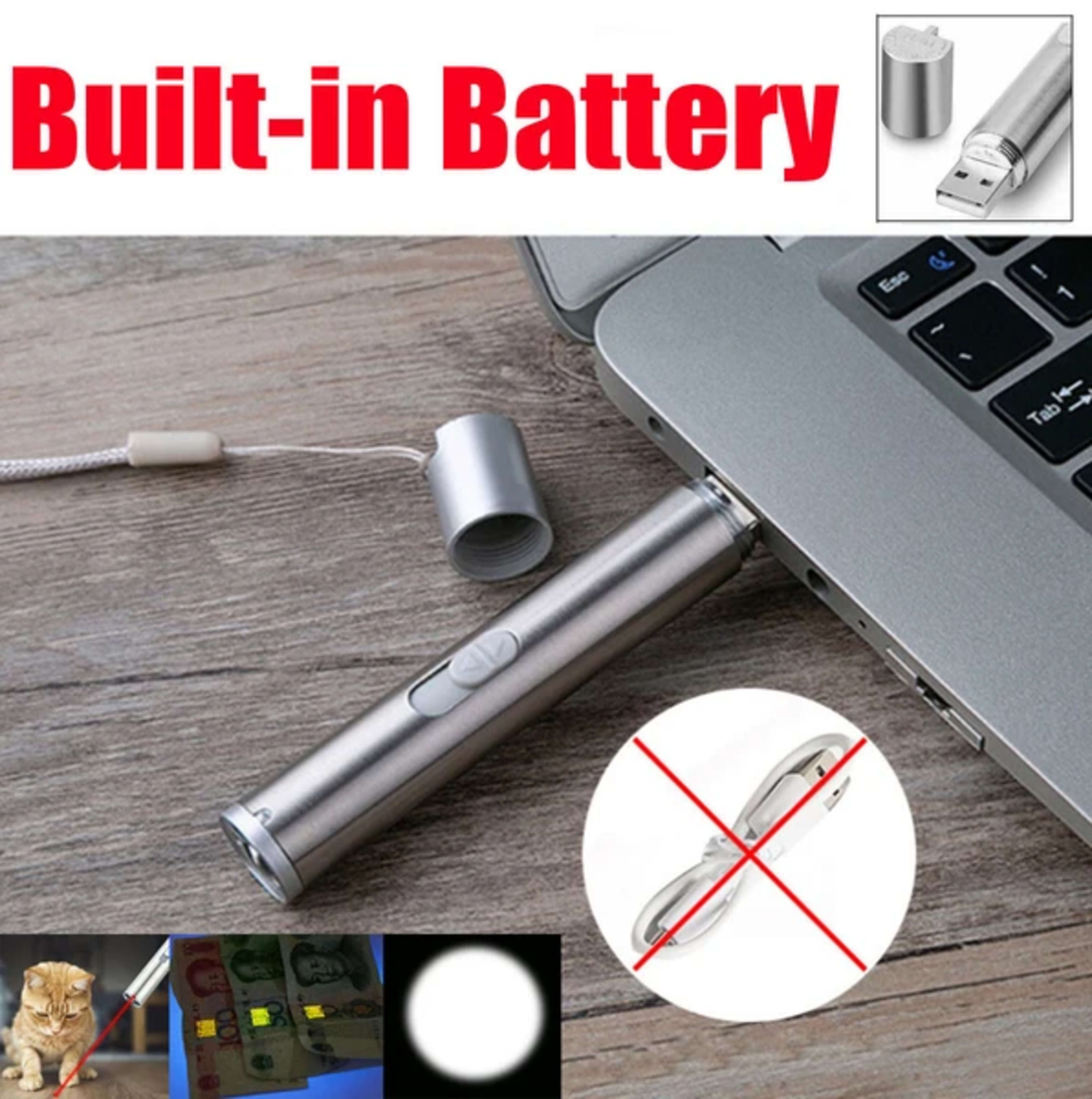 3in1 1mw Cat Laser Pointer Pen USB Rechargeable For Cat Toy White Torch & UV Light 7