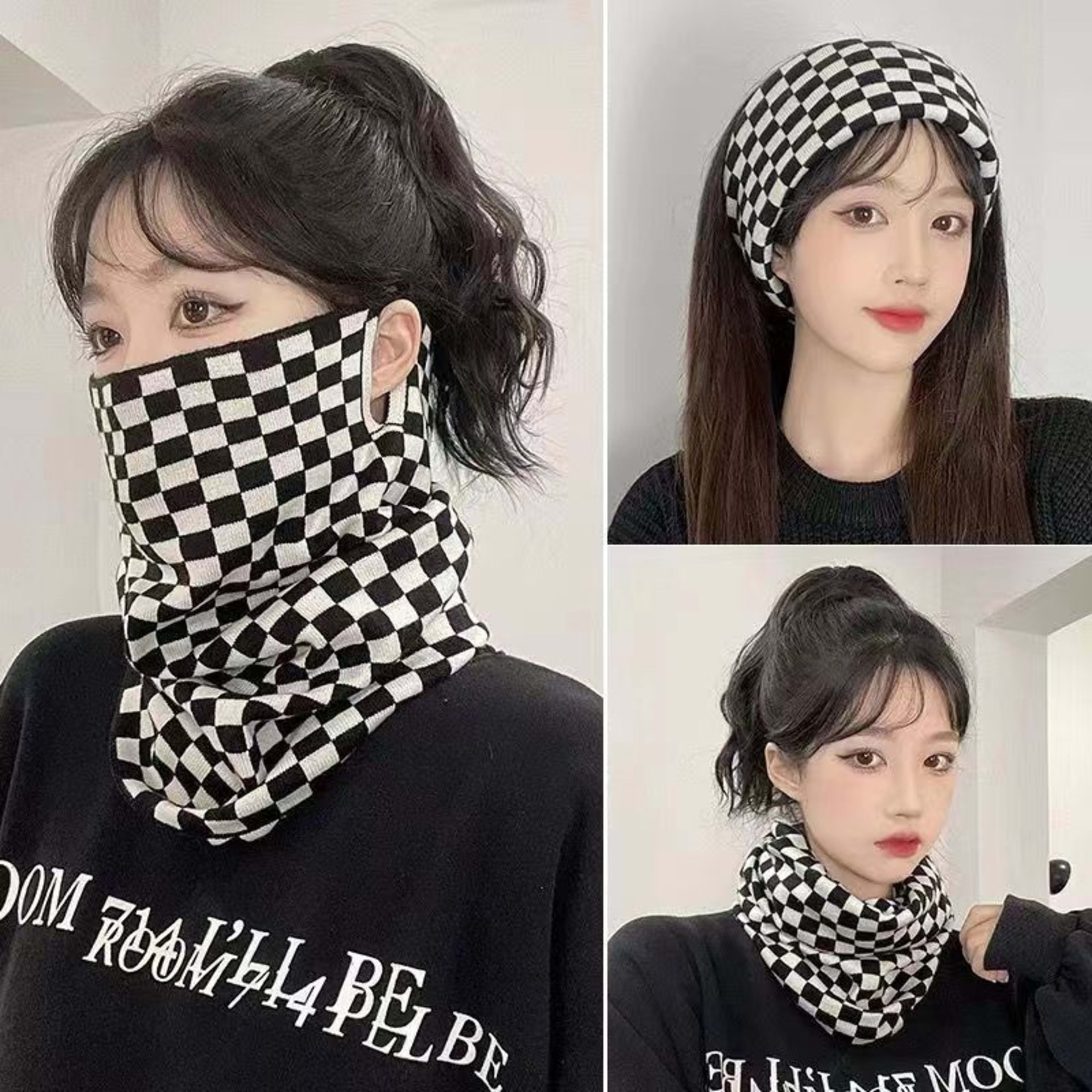 Ear-hanging mask-checkerboard-digital velvet-1 piece