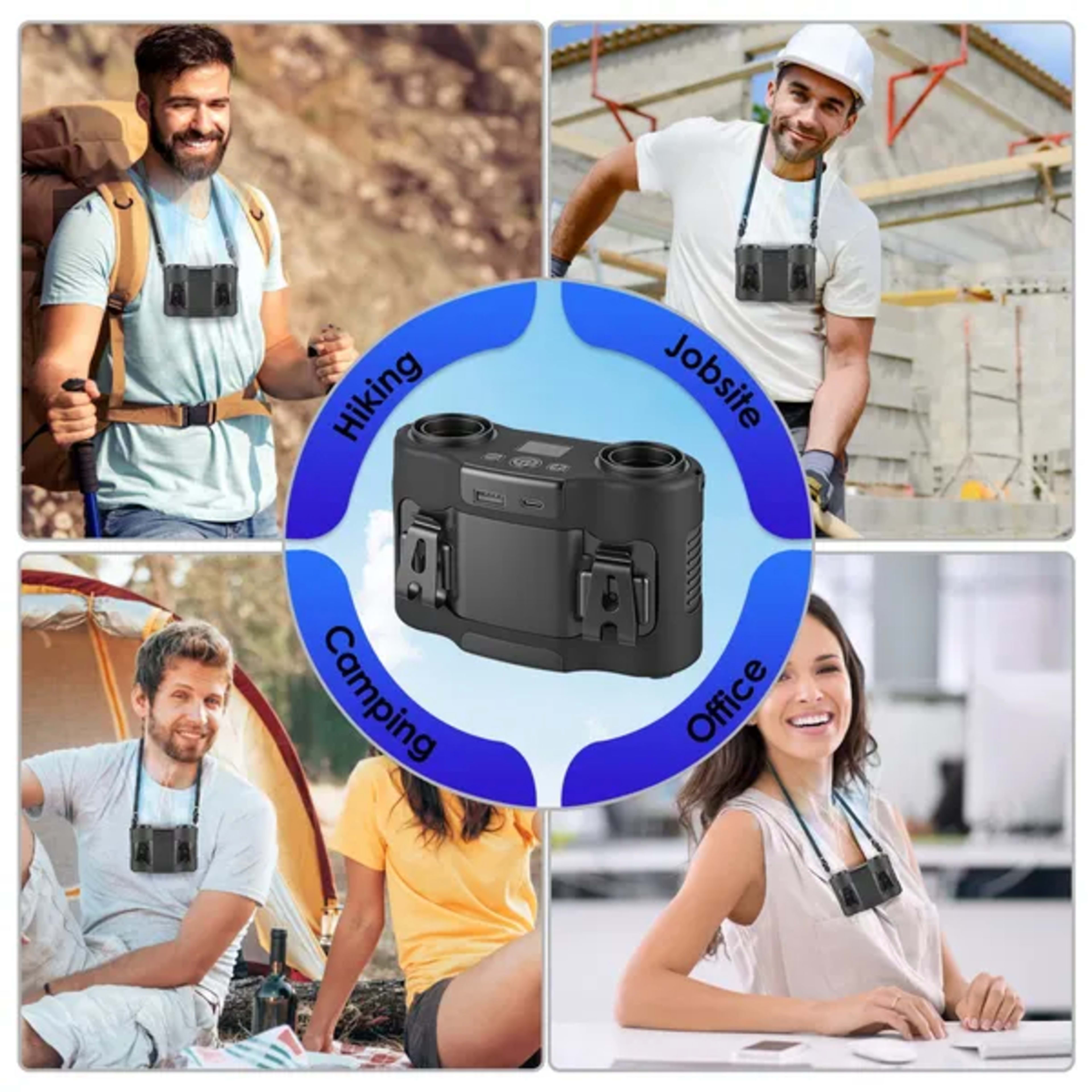 16000mAh 4 In 1 Dual-Turbine Waist Clip Fan Wearable Personal Fan Hands-Free With 5 Speeds LCD Display Lanyard Double As 4
