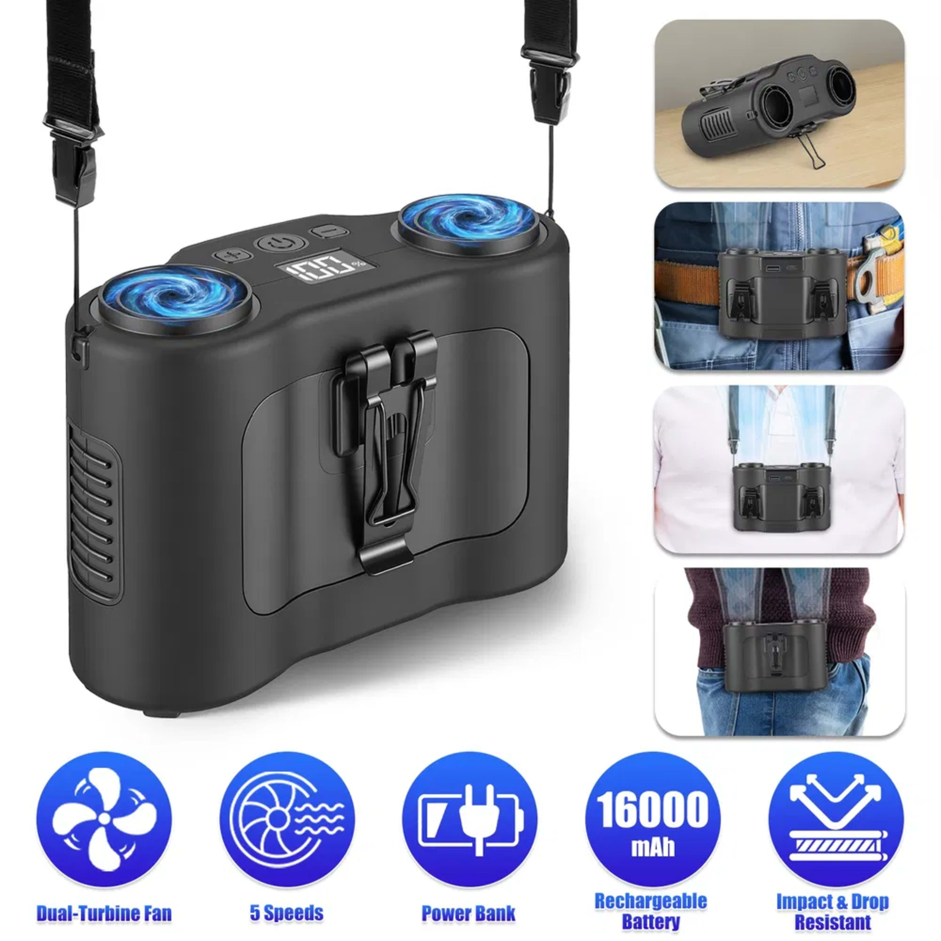 16000mAh 4 In 1 Dual-Turbine Waist Clip Fan Wearable Personal Fan Hands-Free With 5 Speeds LCD Display Lanyard Double As 2