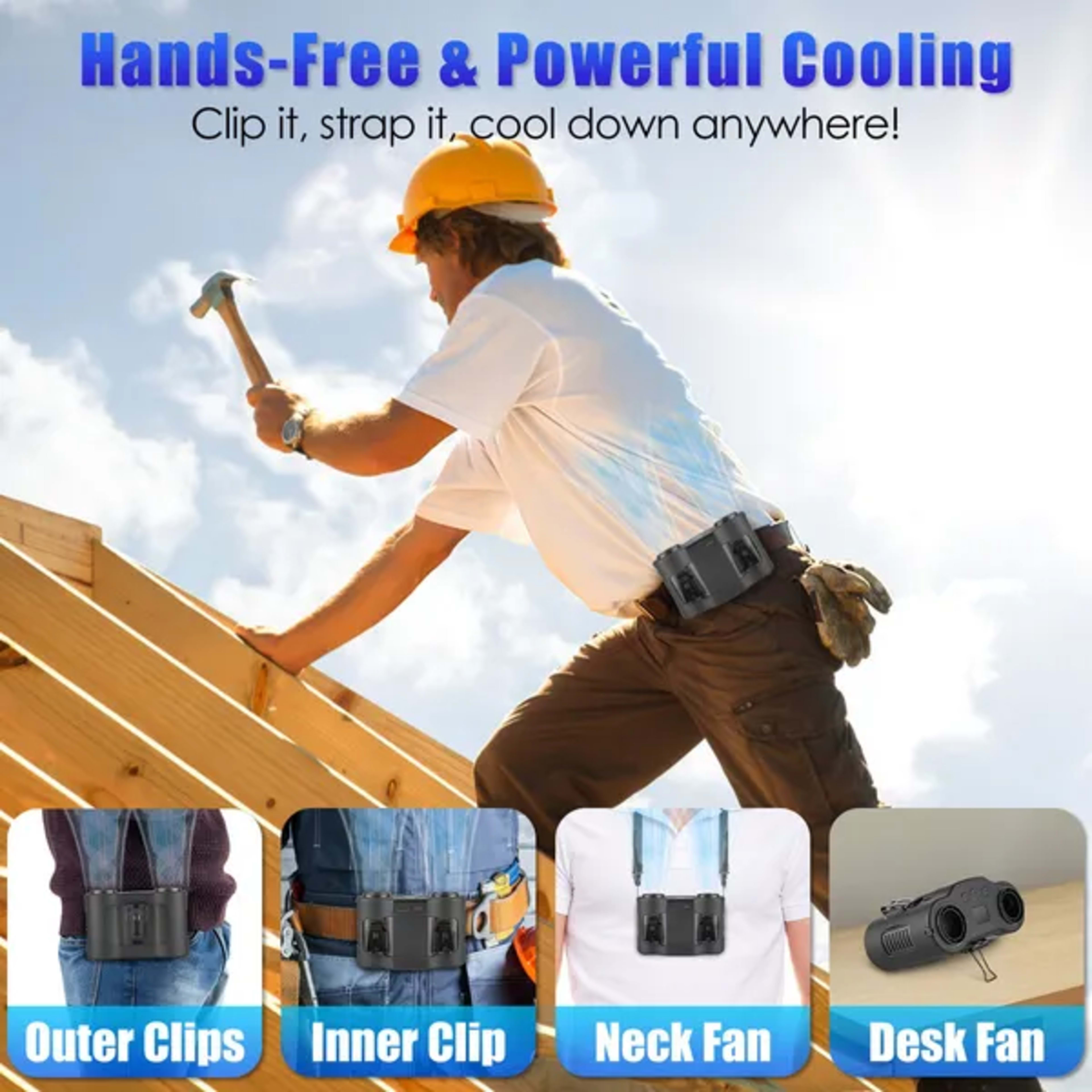16000mAh 4 In 1 Dual-Turbine Waist Clip Fan Wearable Personal Fan Hands-Free With 5 Speeds LCD Display Lanyard Double As