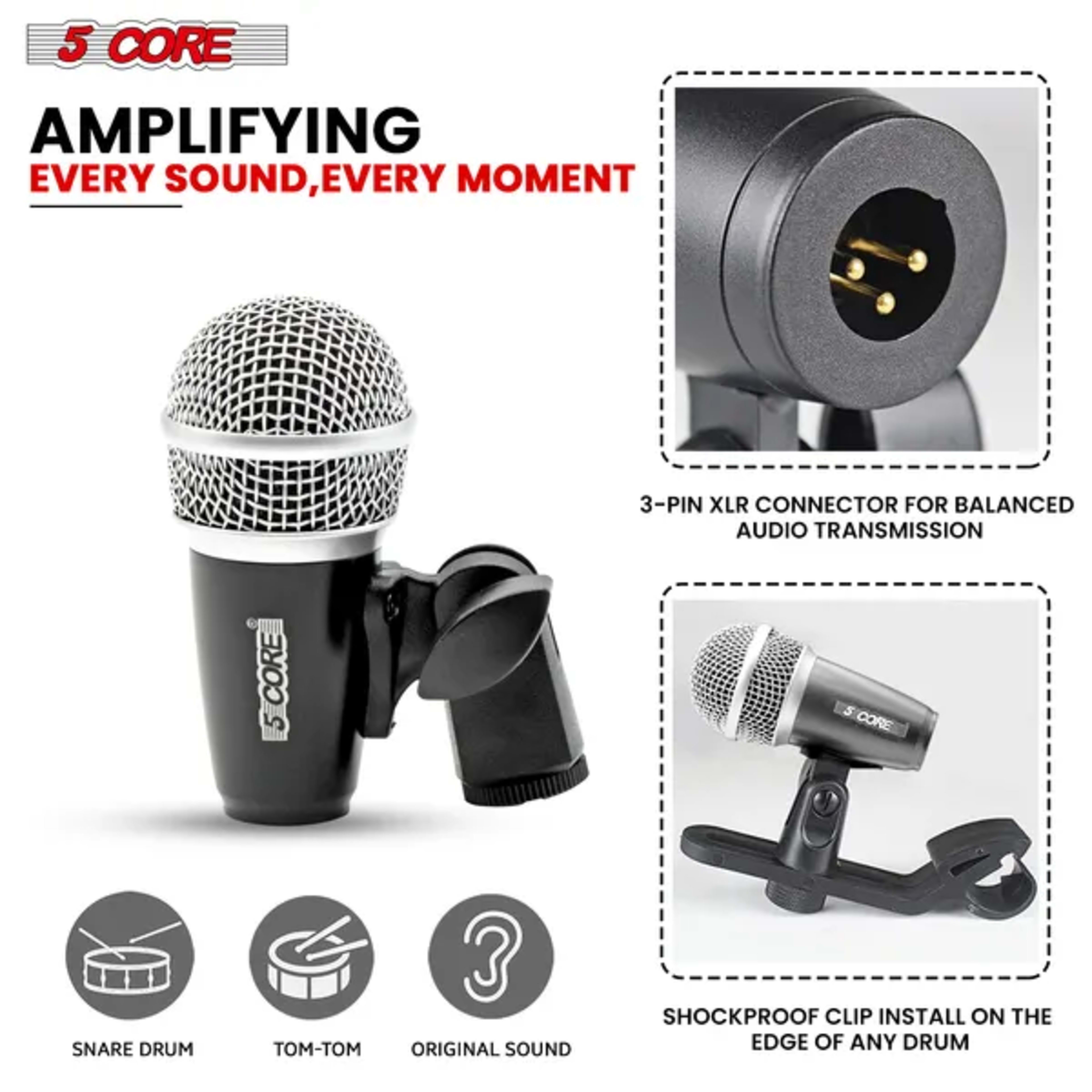 5 Core Conga Mic Snare Tom Set Professional XLR Cardioid Condenser Instrument Microphone Kit 11