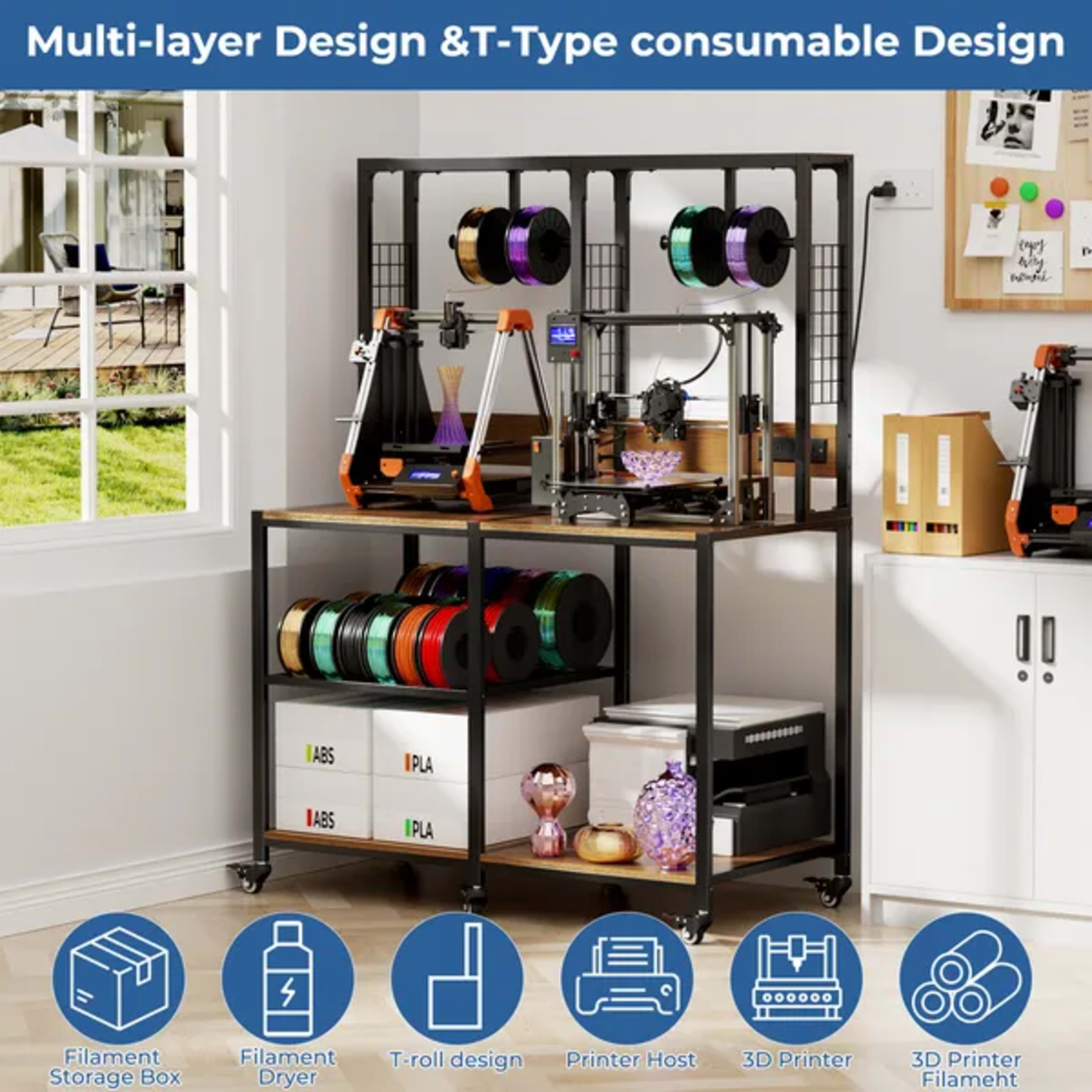 Double 3D Printer Stand With Filament Storage, Heavy-Duty Metal Frame Dual 3D Printer Table Workbench, T-Type Filament H 4