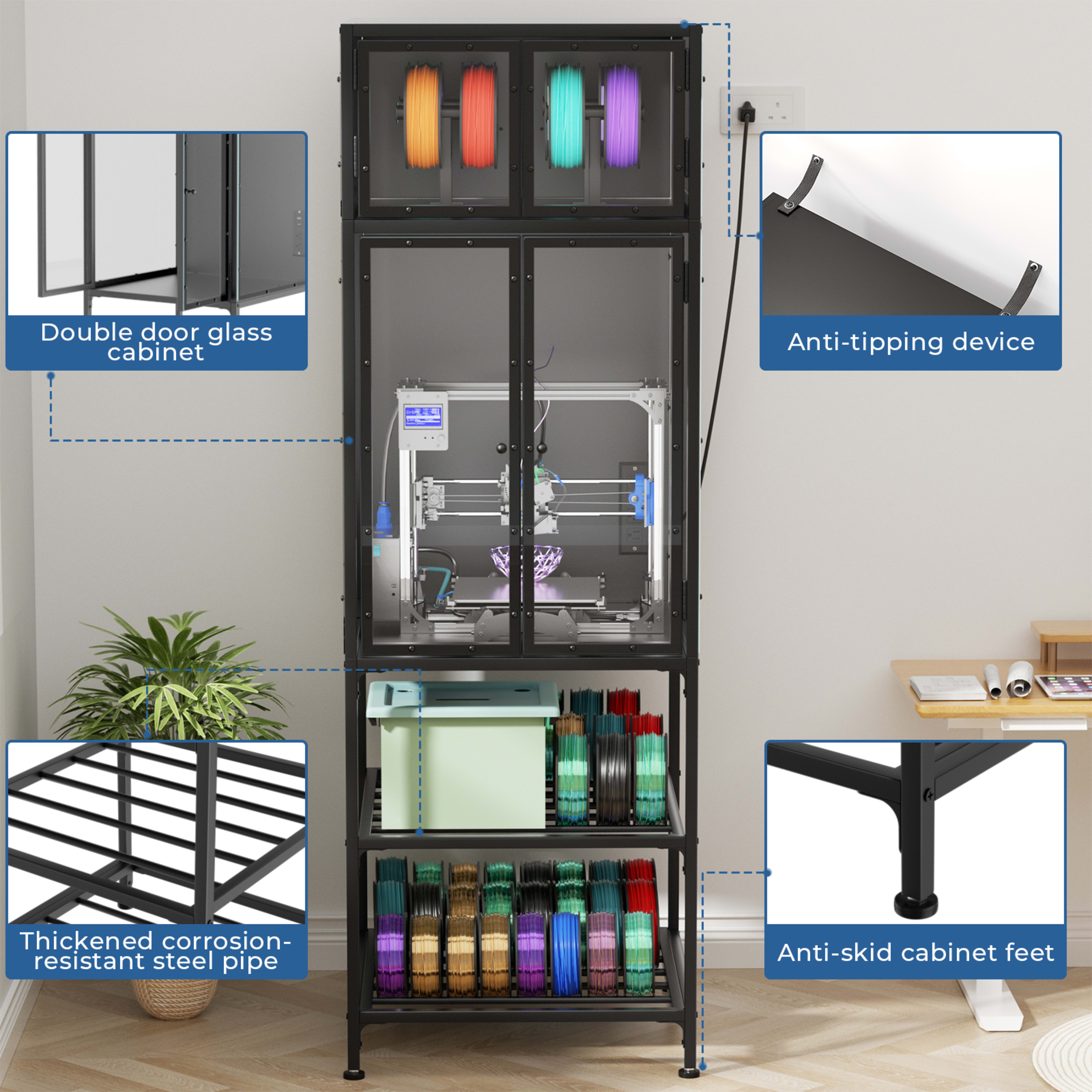 3D Printer Cabinet With Double Layer 3D Printer Filament Storage Rack, T-Shaped Filament Bar & Noise-Reducing, Dust-Proo