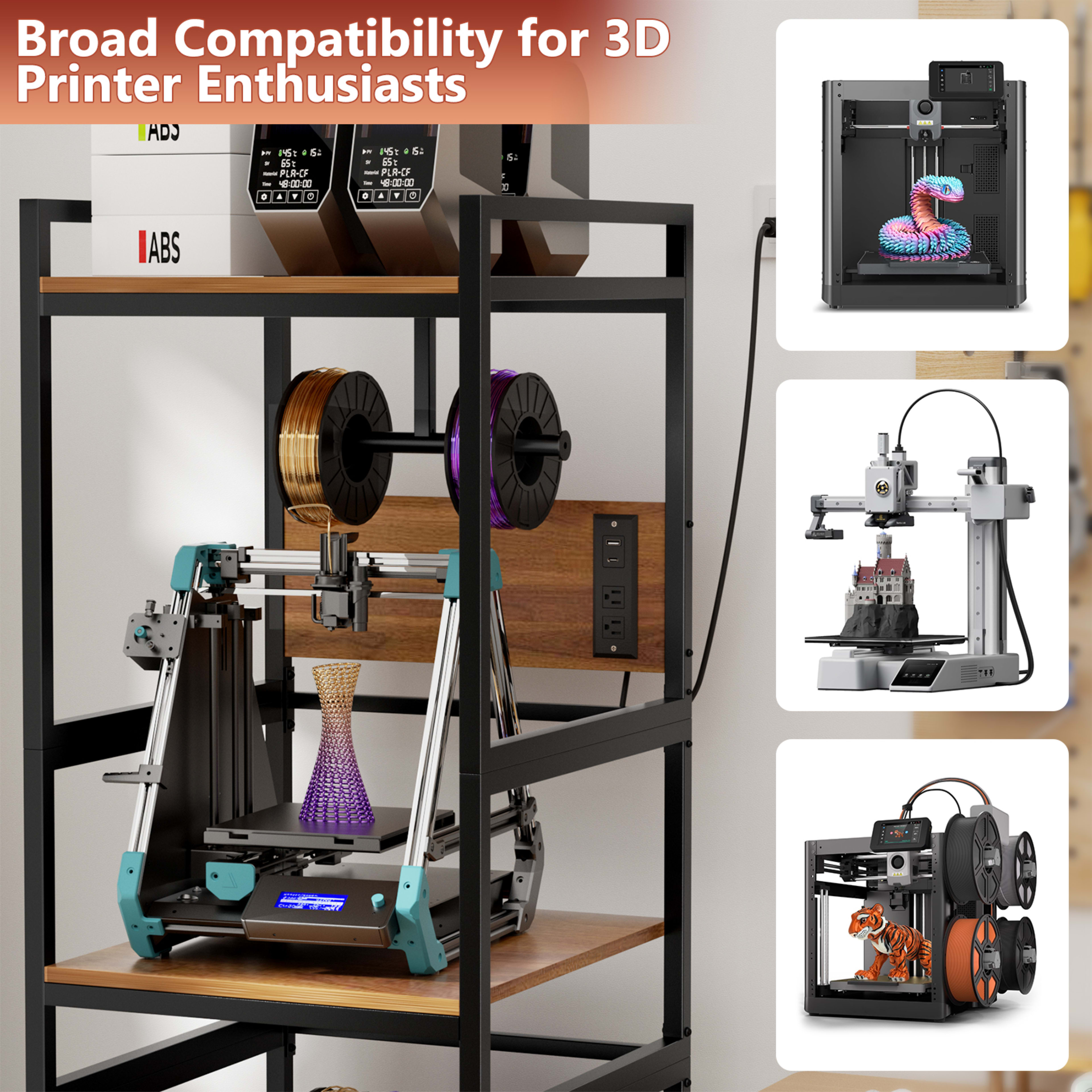 3D Printer Stand With Filament Storage, Heavy-Duty Metal Frame, T-Type Filament Holder, Built-in Power Panel, Open Frame 2