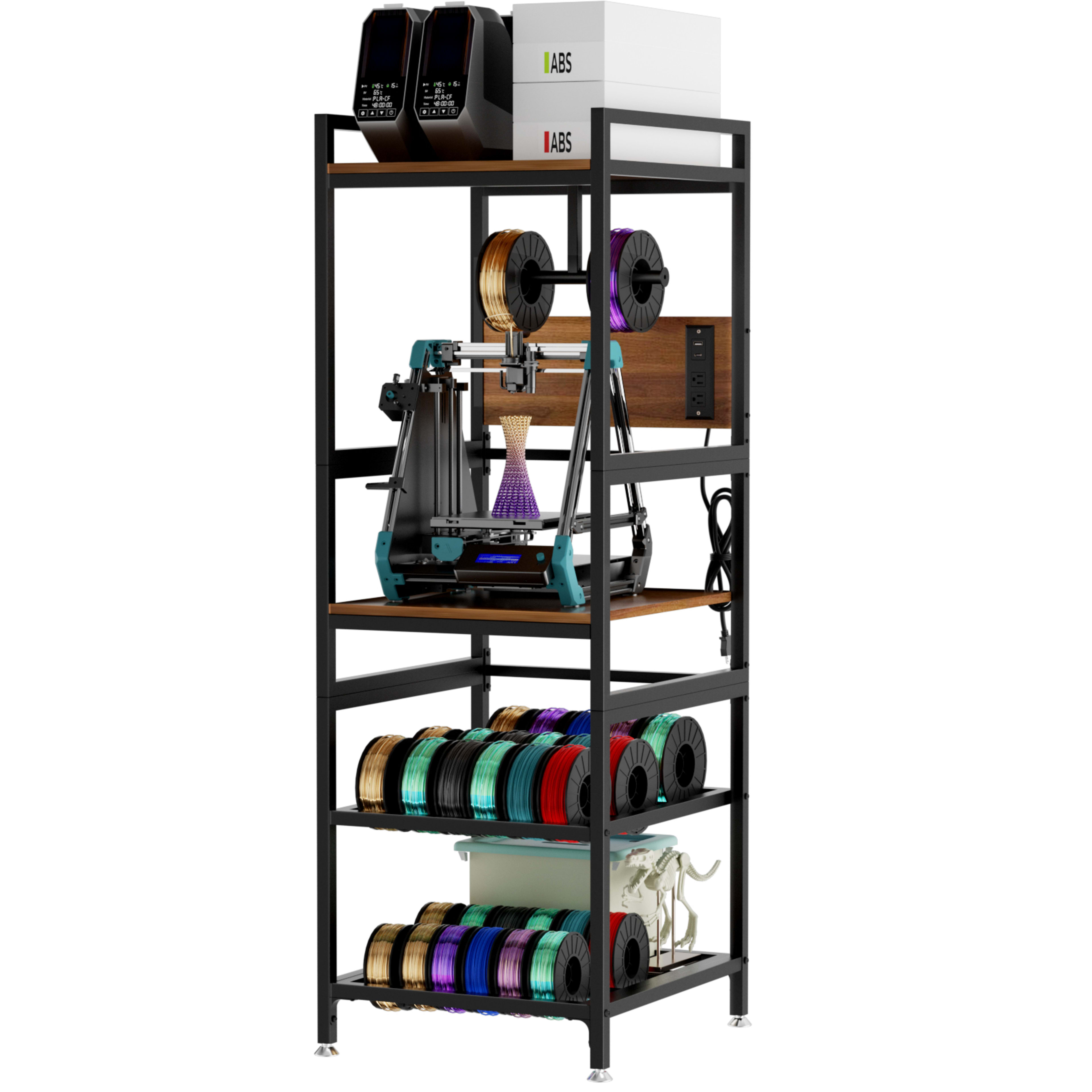 3D Printer Stand With Filament Storage, Heavy-Duty Metal Frame, T-Type Filament Holder, Built-in Power Panel, Open Frame 3