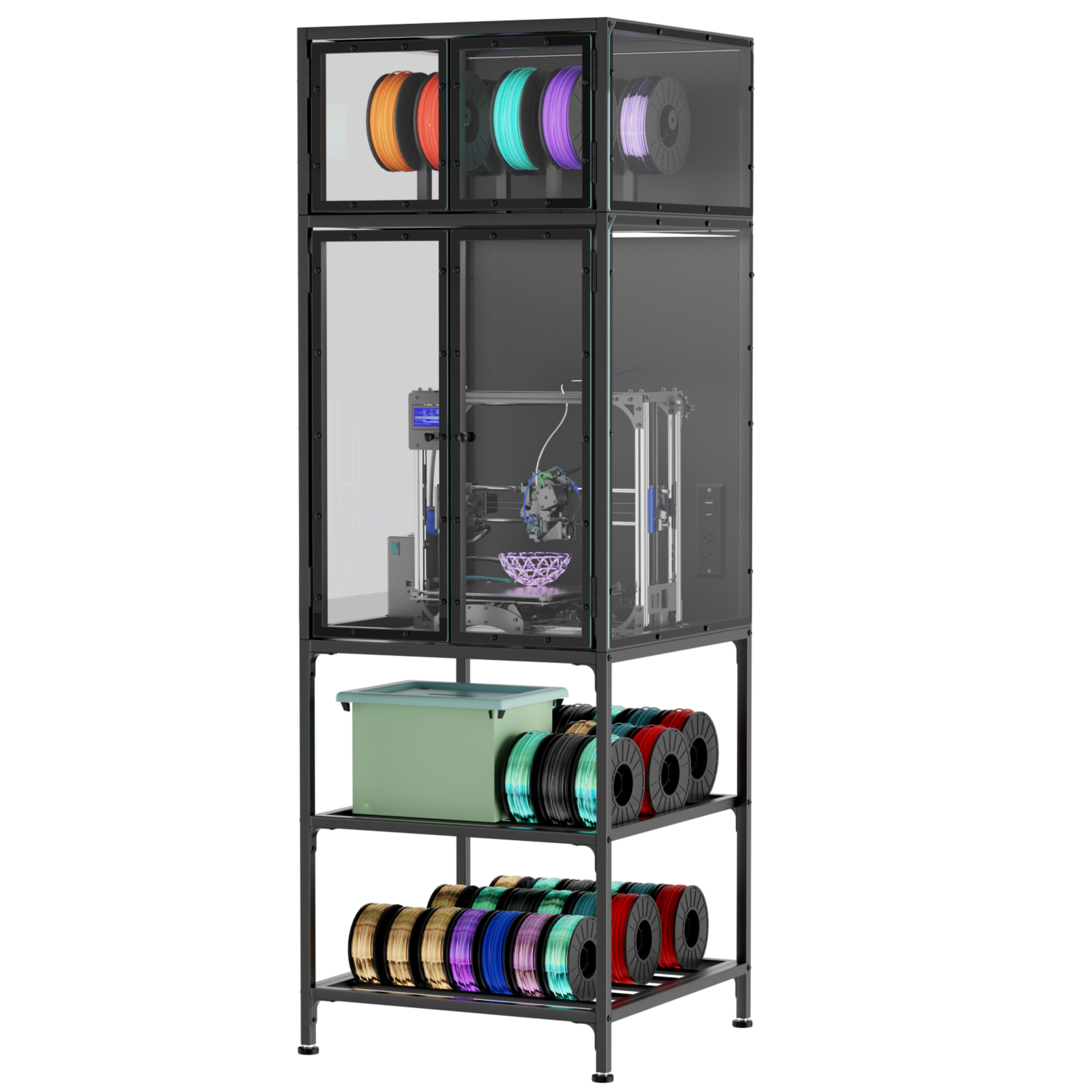 3D Printer Cabinet With Double Layer 3D Printer Filament Storage Rack, T-Shaped Filament Bar & Noise-Reducing, Dust-Proo 4