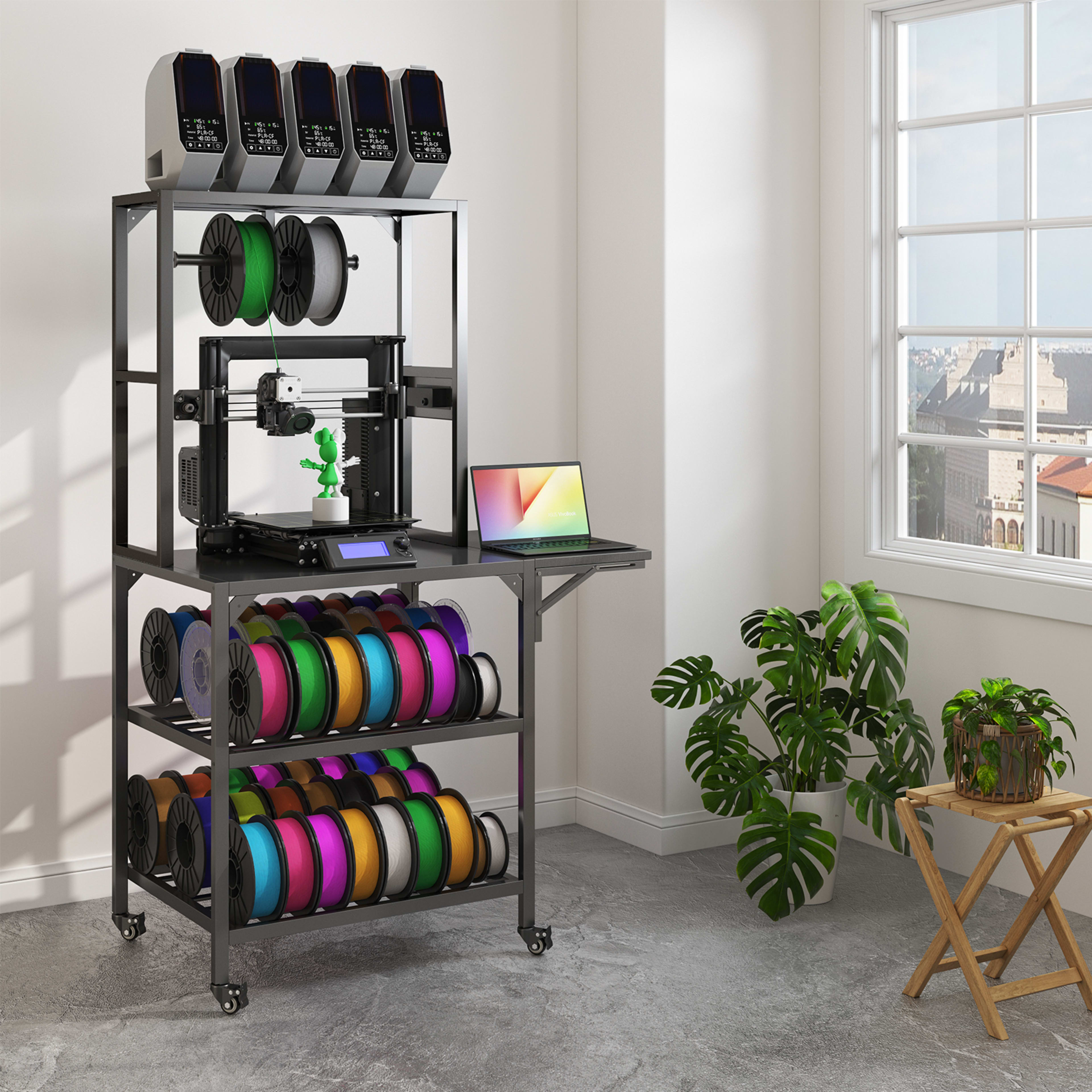 3D Printer Stand, Heavy Duty 3D Printer Table Stand With Filament Storage Rack, T-Shaped Spools Holder Rack With Wheels, 5