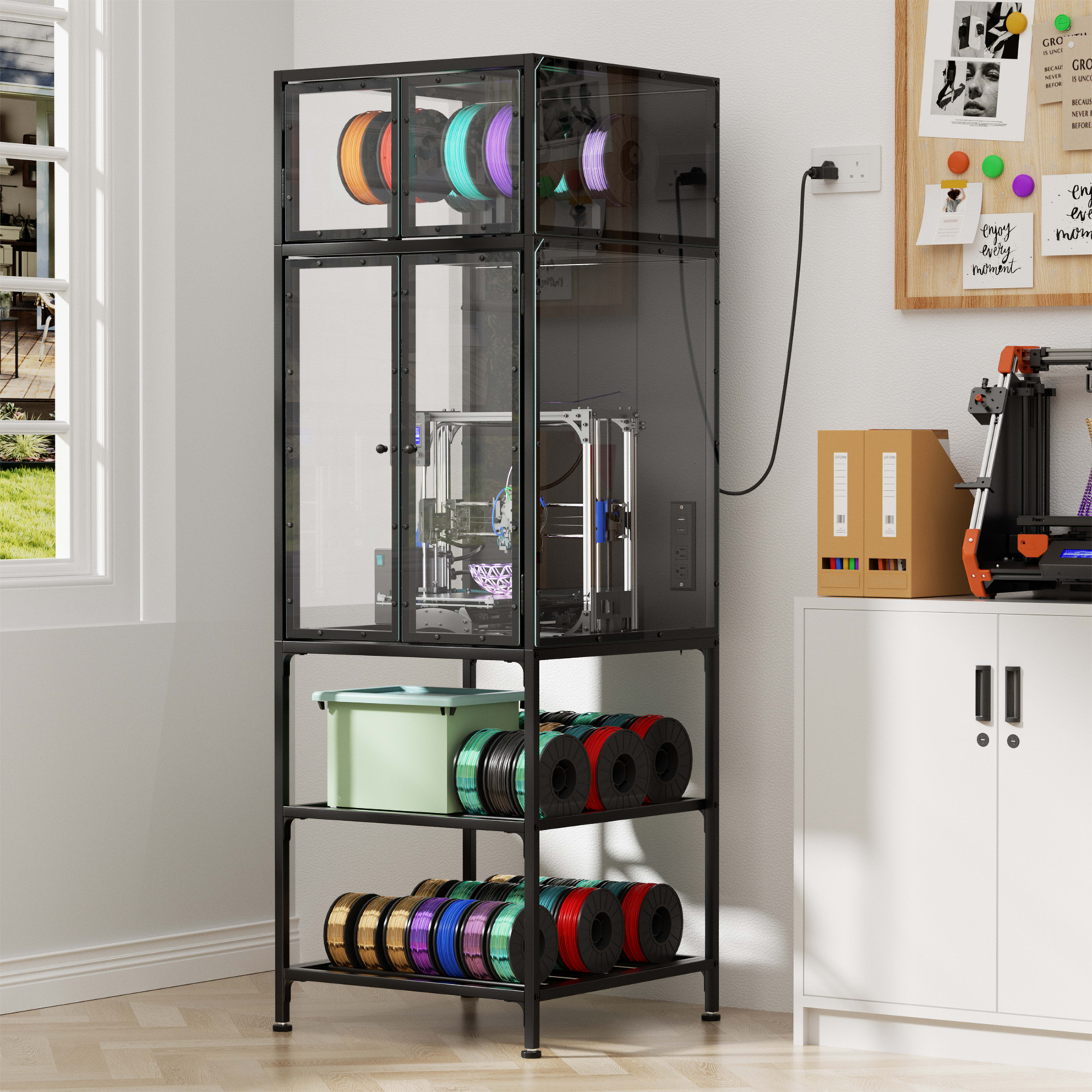 3D Printer Cabinet With Double Layer 3D Printer Filament Storage Rack, T-Shaped Filament Bar & Noise-Reducing, Dust-Proo 2