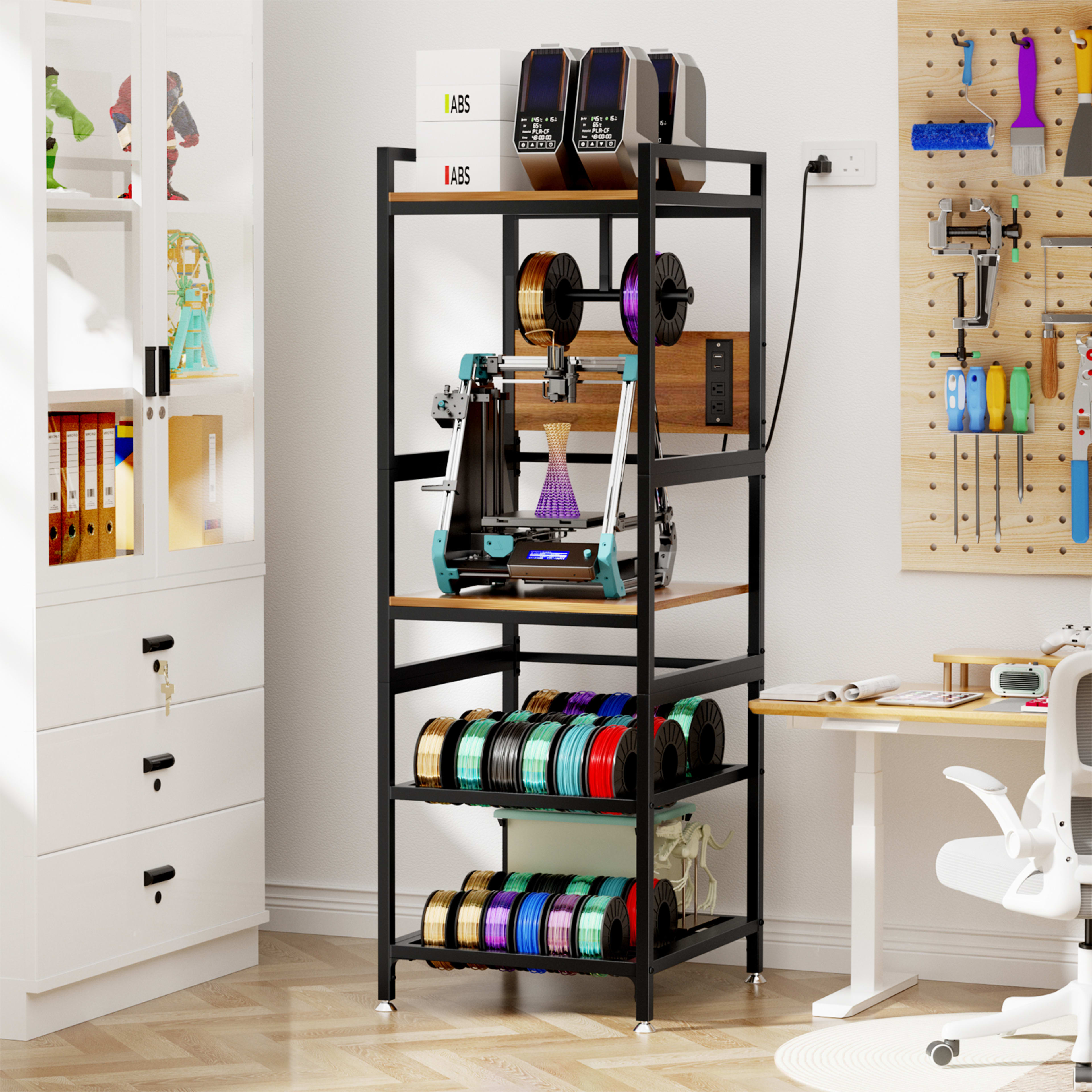 3D Printer Stand With Filament Storage, Heavy-Duty Metal Frame, T-Type Filament Holder, Built-in Power Panel, Open Frame 4