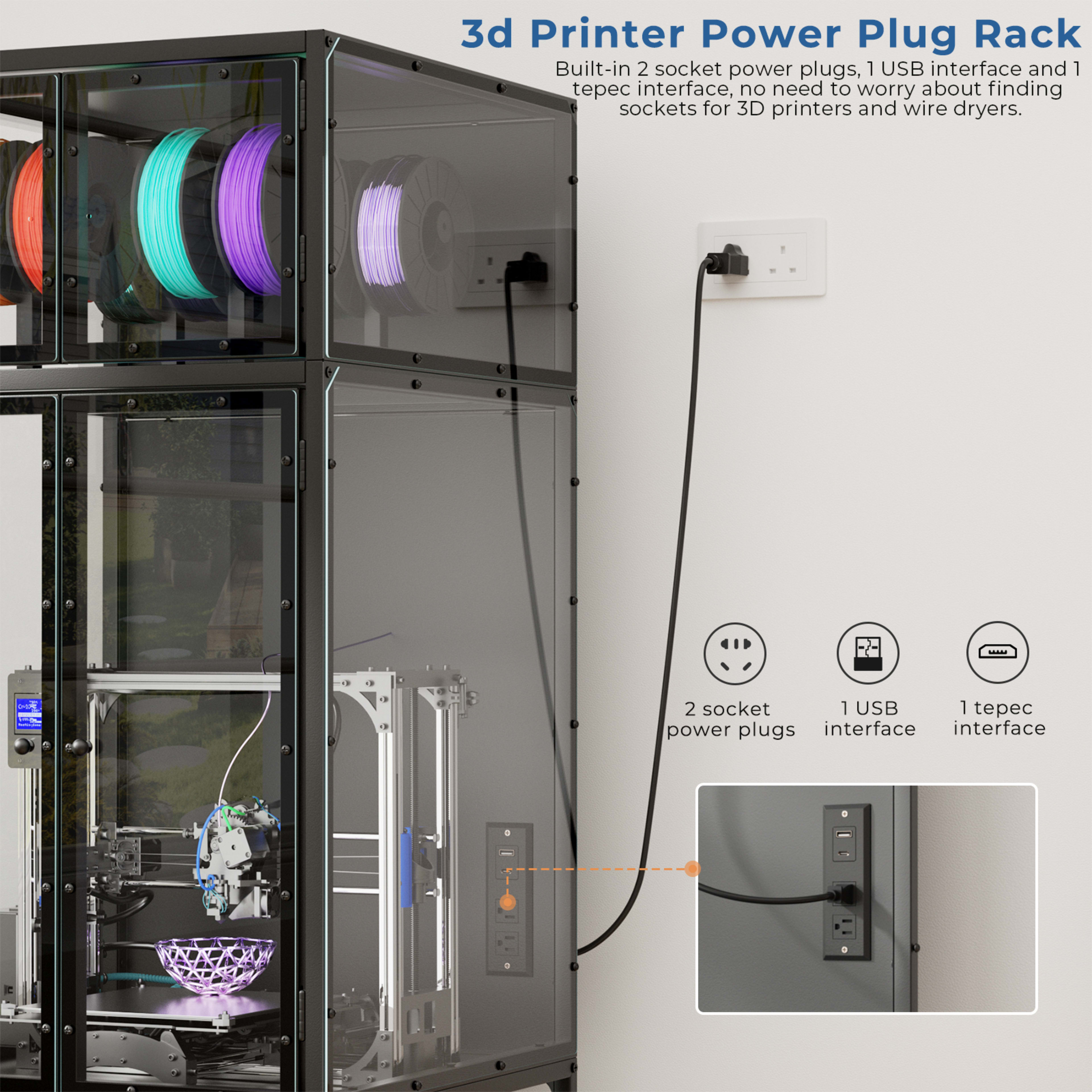 3D Printer Cabinet With Double Layer 3D Printer Filament Storage Rack, T-Shaped Filament Bar & Noise-Reducing, Dust-Proo 3