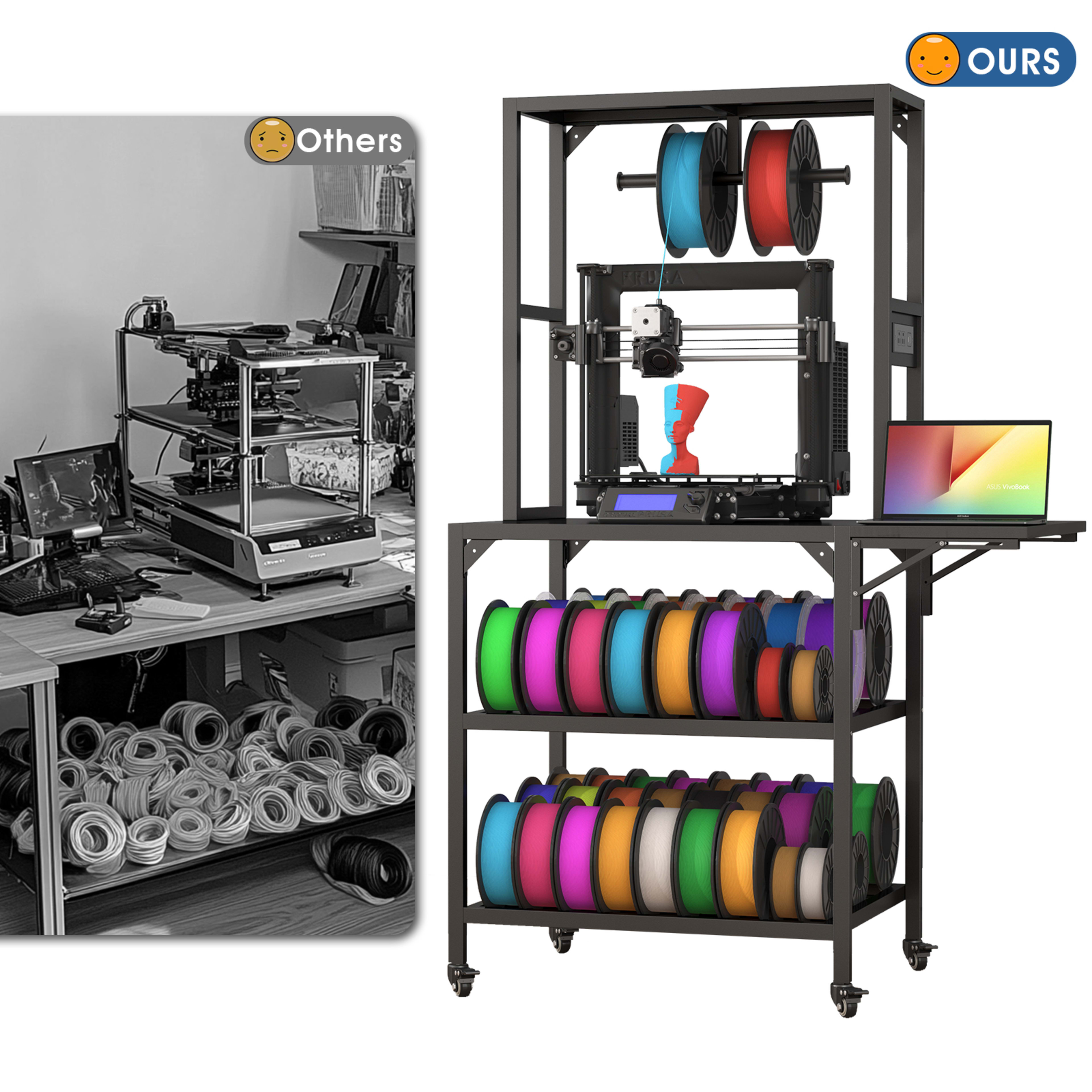 3D Printer Stand, Heavy Duty 3D Printer Table Stand With Filament Storage Rack, T-Shaped Spools Holder Rack With Wheels, 3