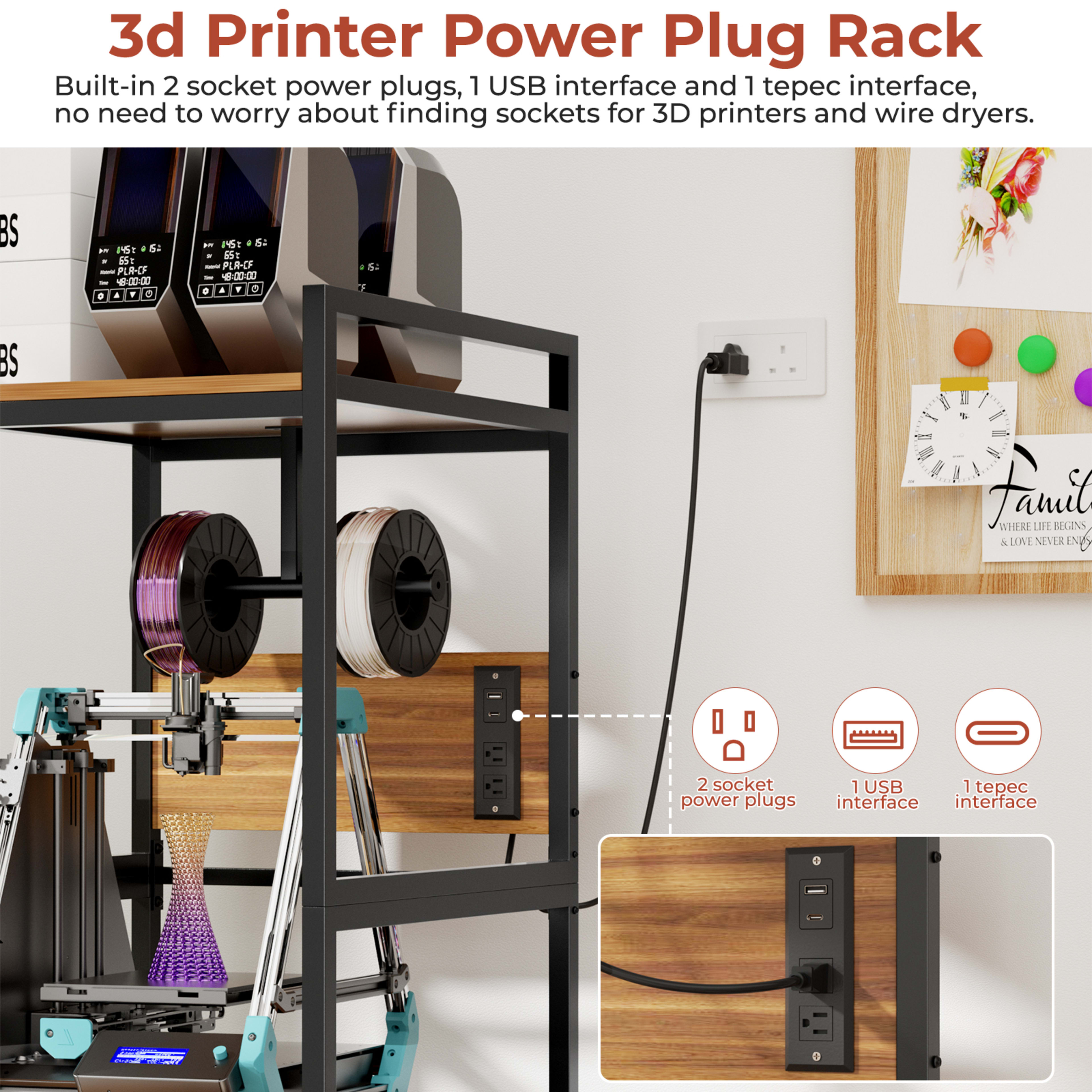 3D Printer Stand With Filament Storage, Heavy-Duty Metal Frame, T-Type Filament Holder, Built-in Power Panel, Open Frame