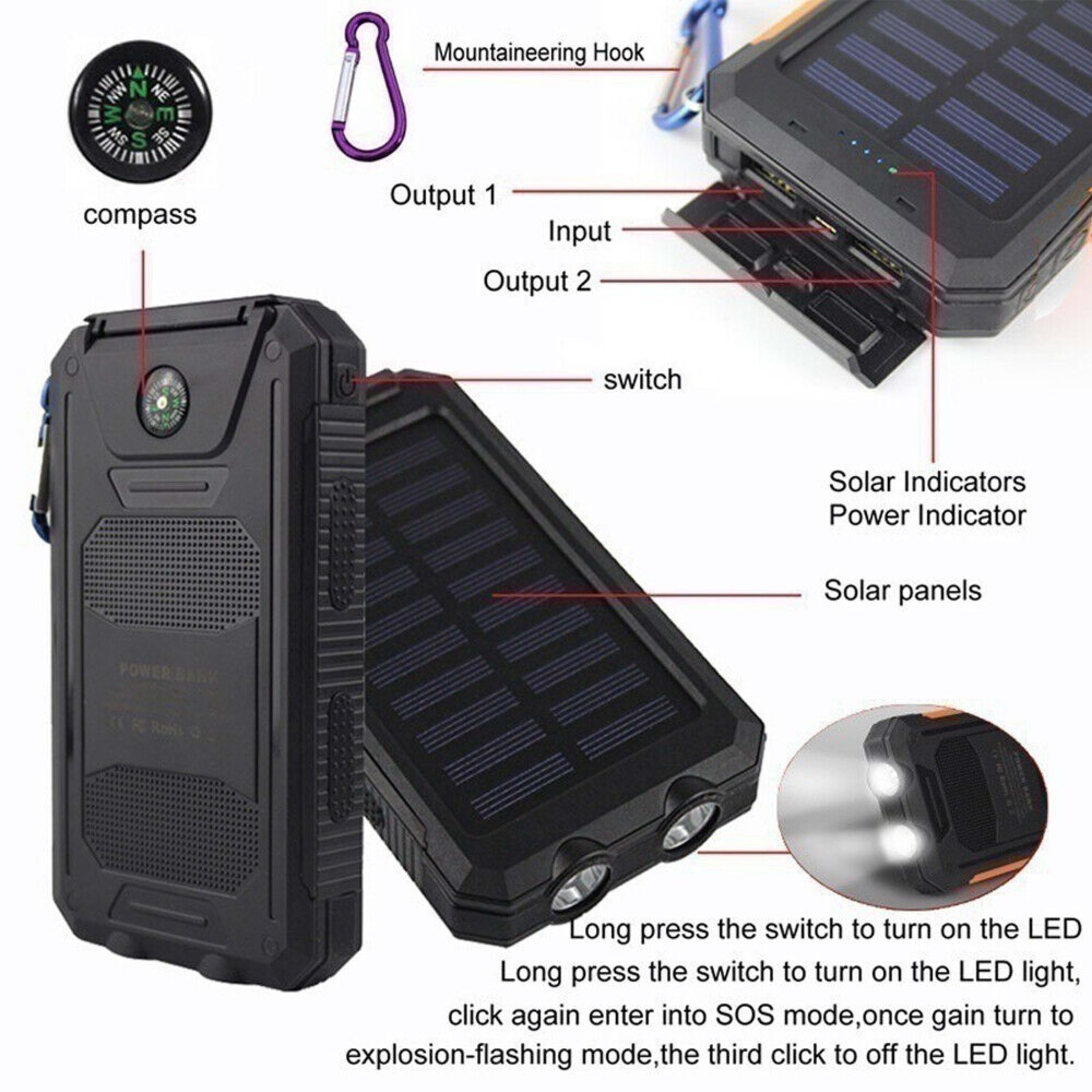 1o000 MAh Solar Power Bank, Waterproof, 2 USB Ports, LED Charger For Mobile Phones 10