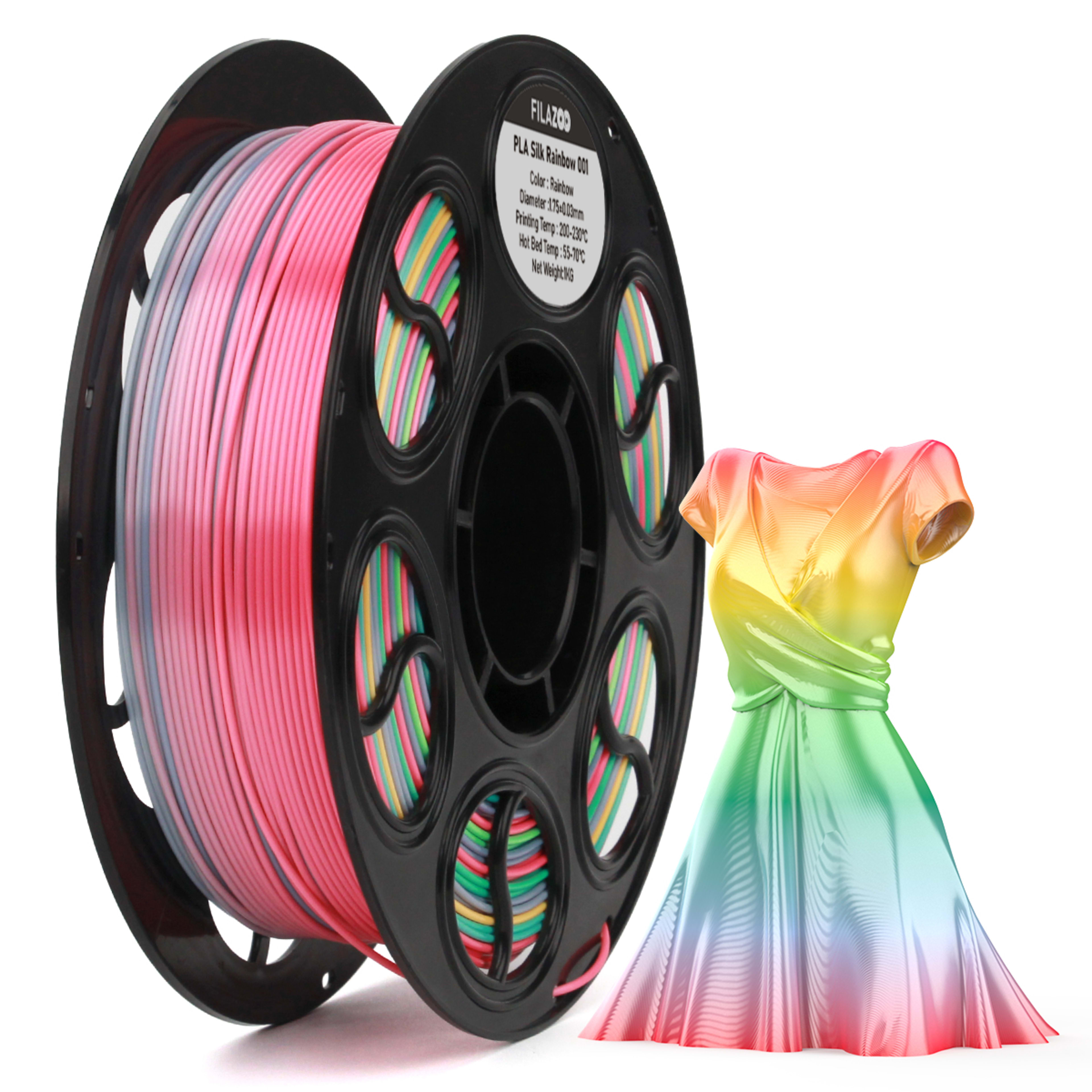 Silk PLA Filament 1.75mm Rainbow Color, 1kg Spool 3D Printer Filament, Shiny Glossy Finish, Multicolor Gradient PLA, Low 3