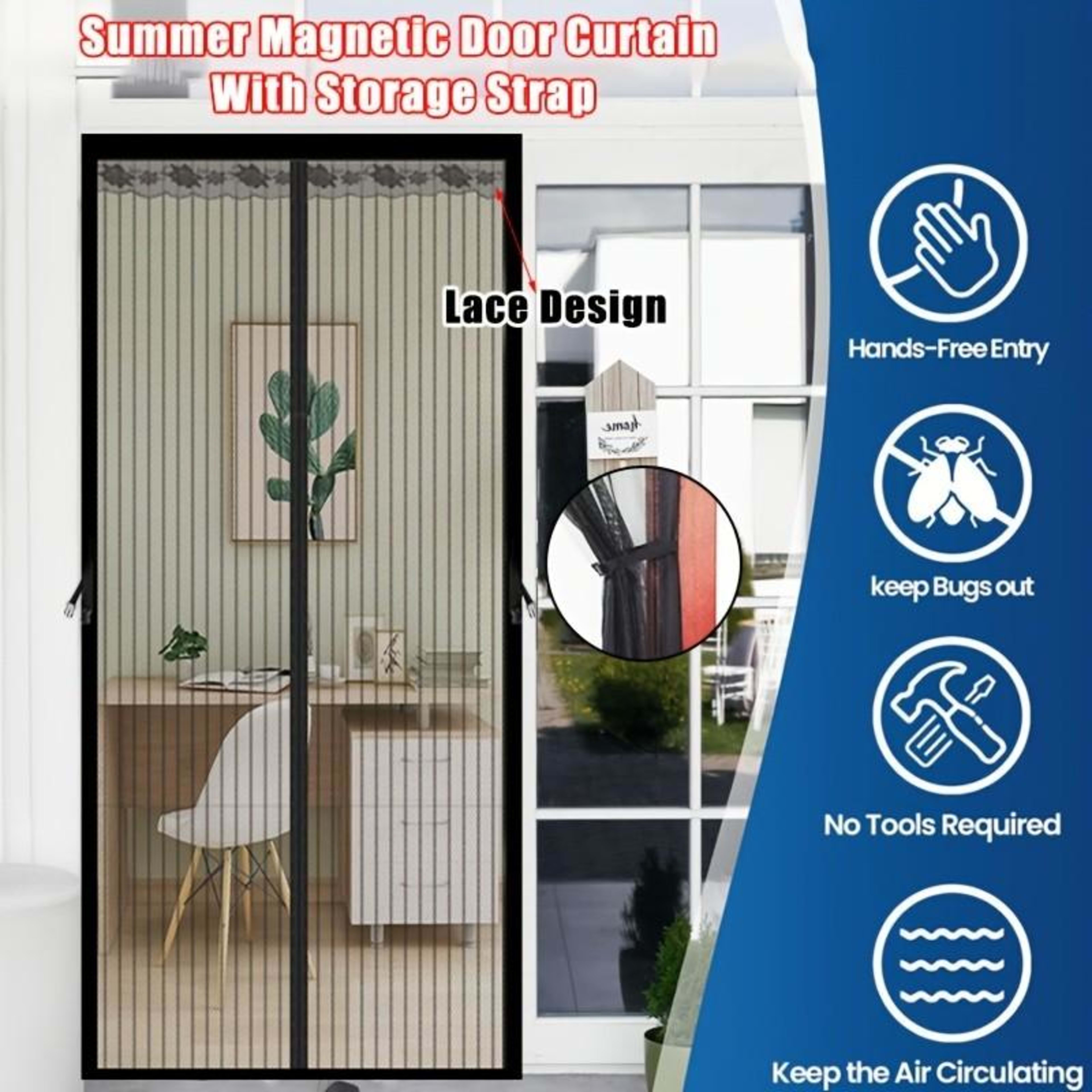 Magnetic Screen Door Curtain - Manual Or Automatic Close, Black Stripe Design, Mosquito-proof Summer Breathable Partitio 19