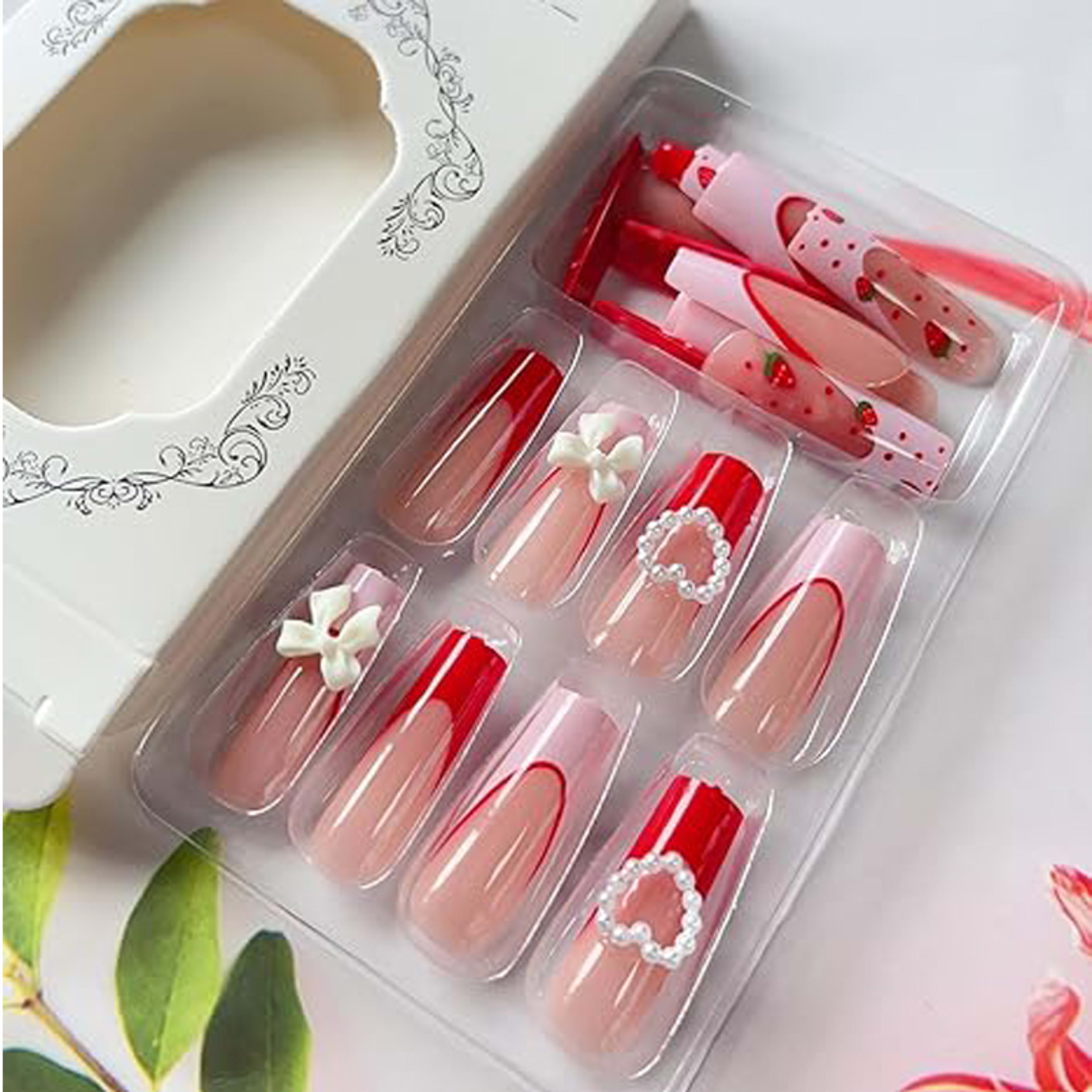 24 PCS Strawberry Bow Nail Art