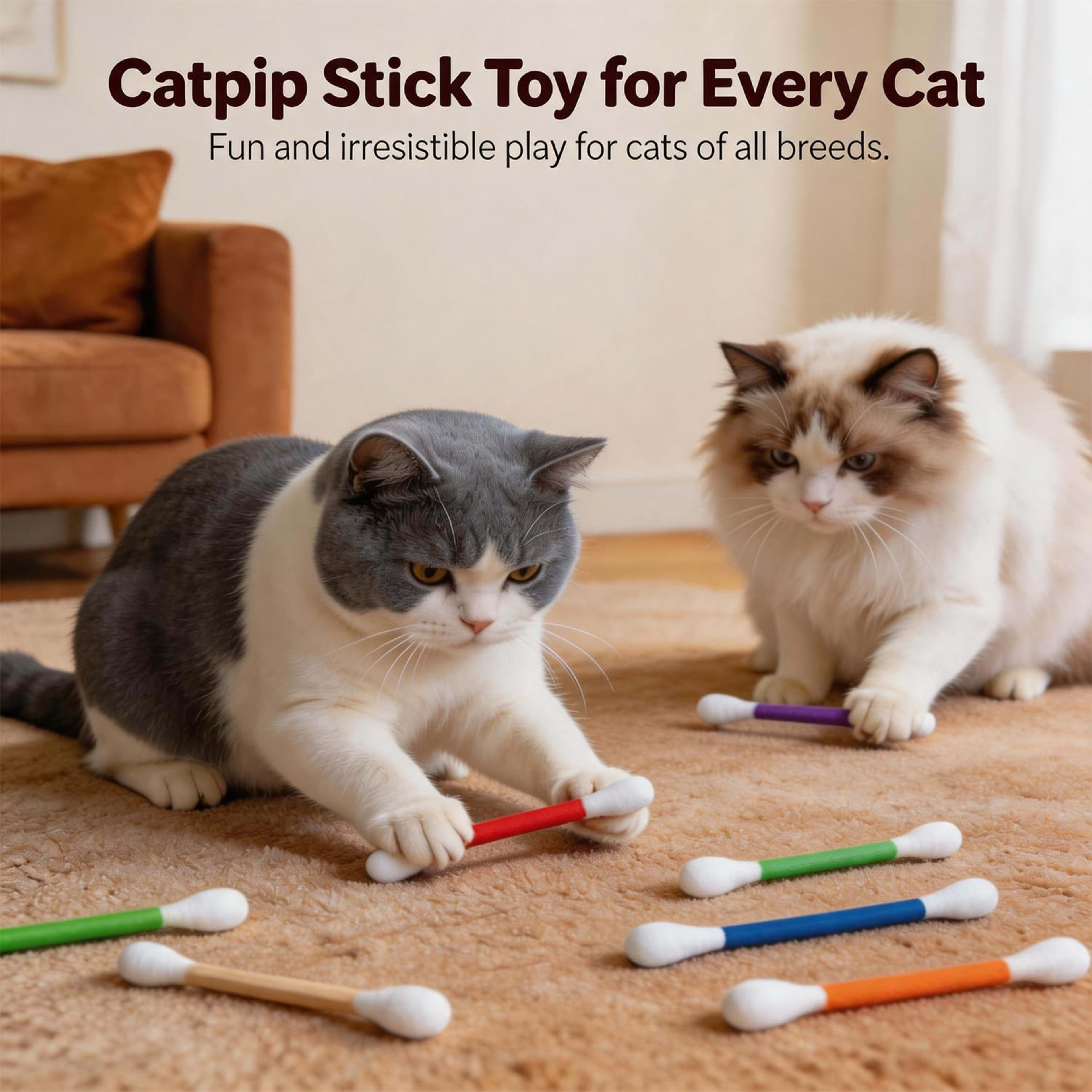 6Pack Cotton Swabs Cat Toys With Catnip, Giant Qtip Chew Sticks & Teething Ropes For Boredom Relief, Durable Interactive 7