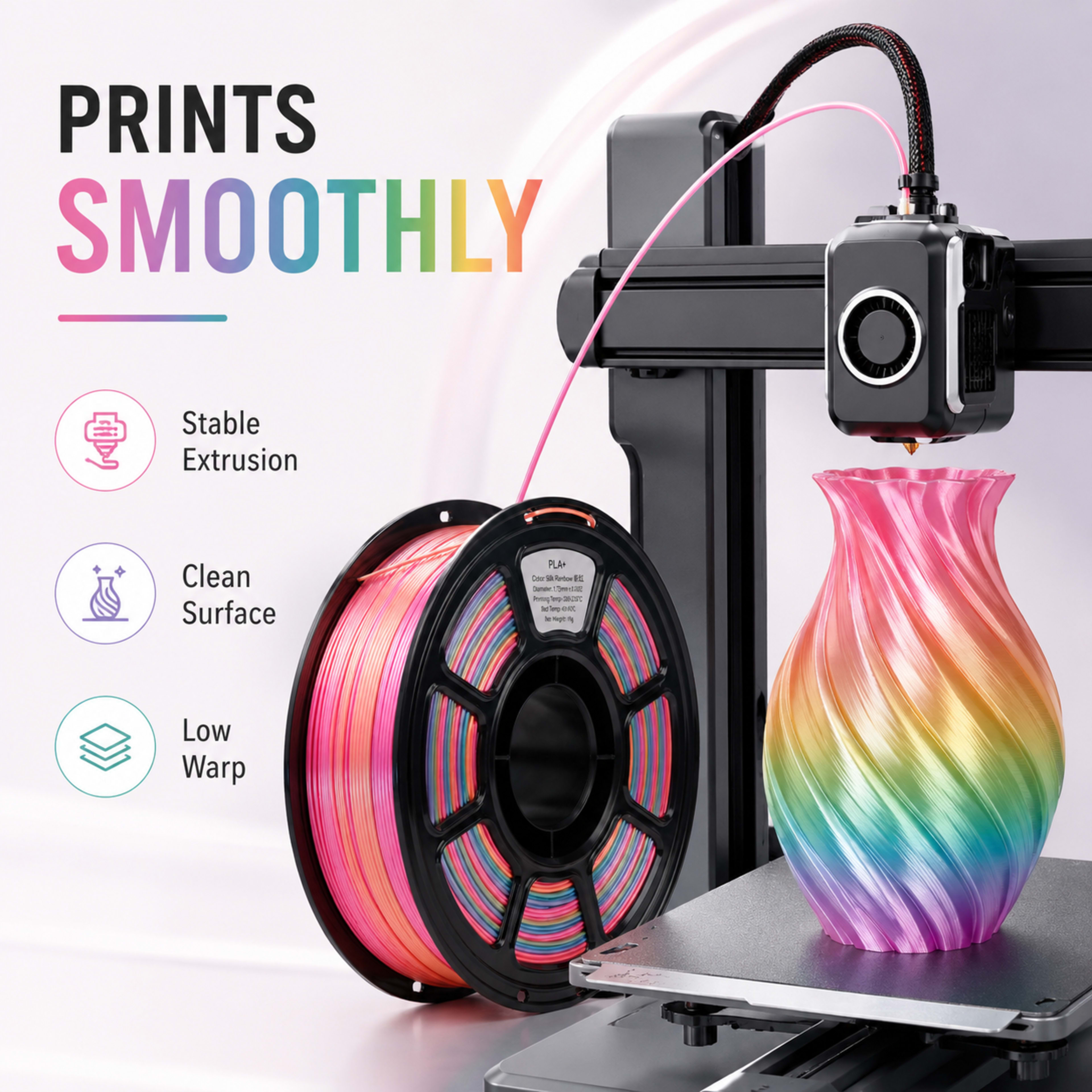 Silk PLA Filament 1.75mm Rainbow Color, 1kg Spool 3D Printer Filament, Shiny Glossy Finish, Multicolor Gradient PLA, Low