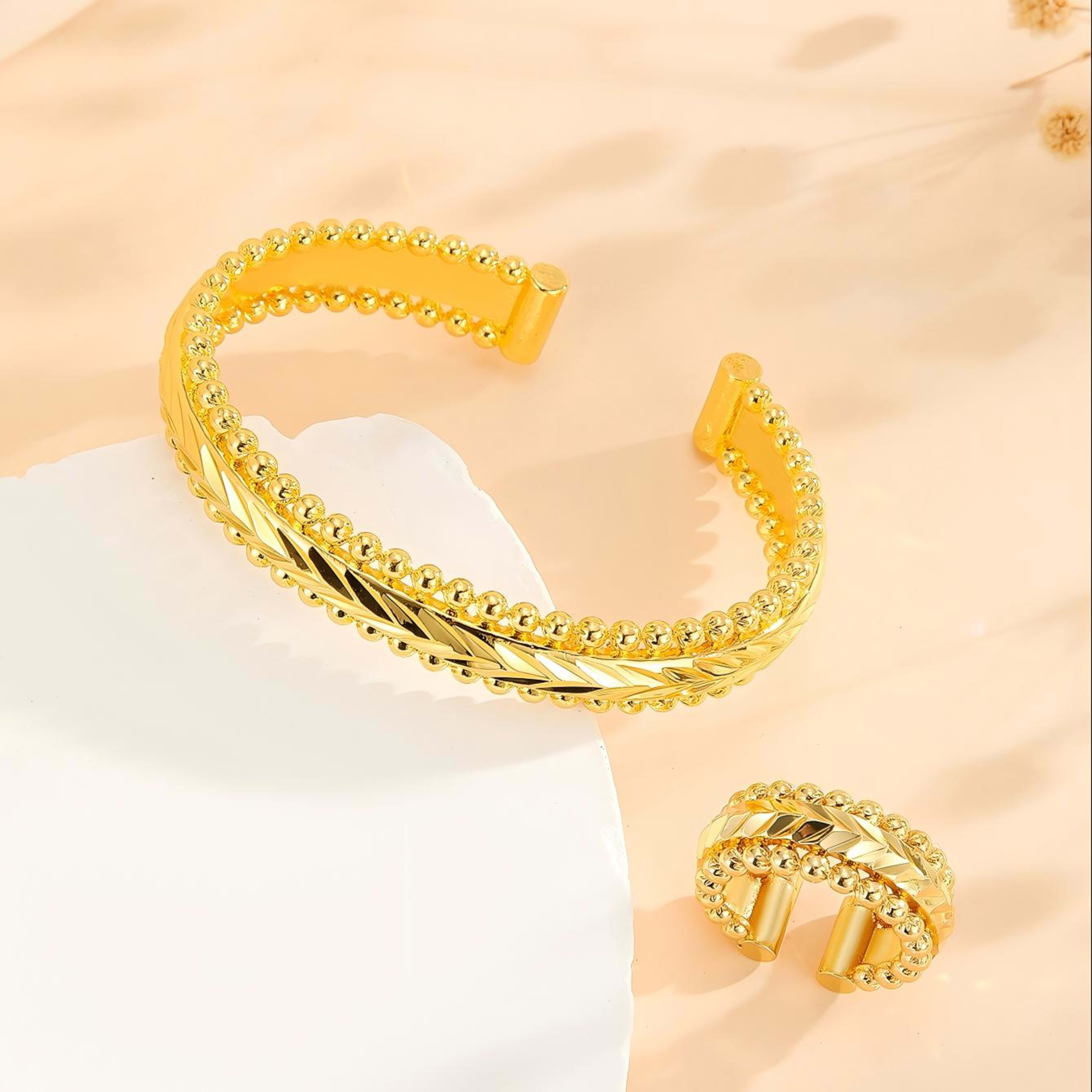 2pcs Vintage Gold Plated Bracelet, Open Bracelet Ring Jewelry, Women's Festival Wedding Jewelry Set 1