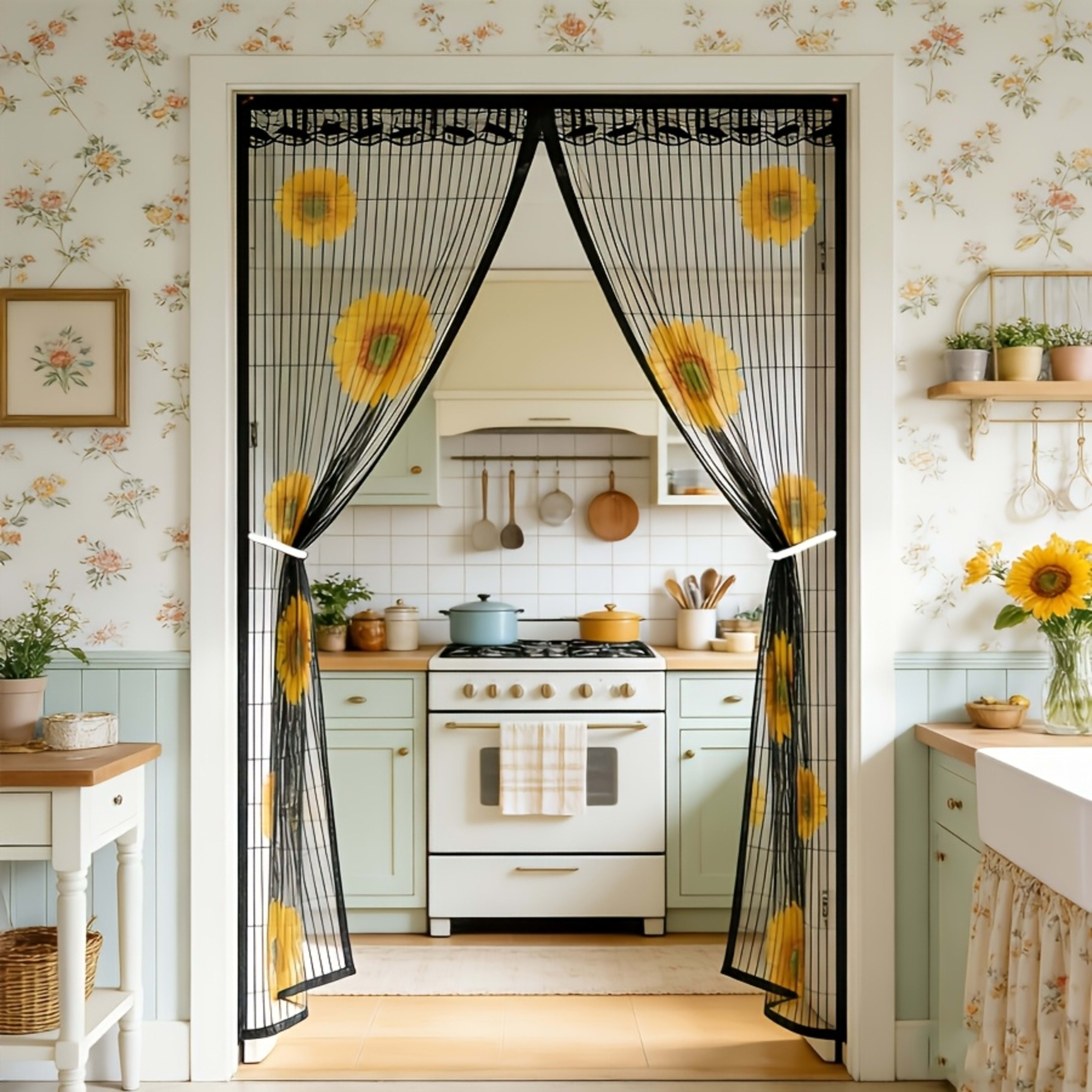 Magnetic Screen Door, Sunflower Print Mesh Curtain With Lace Edge, Hands-Free Self-Closing Insect Mosquito Net, Keep Bug 3