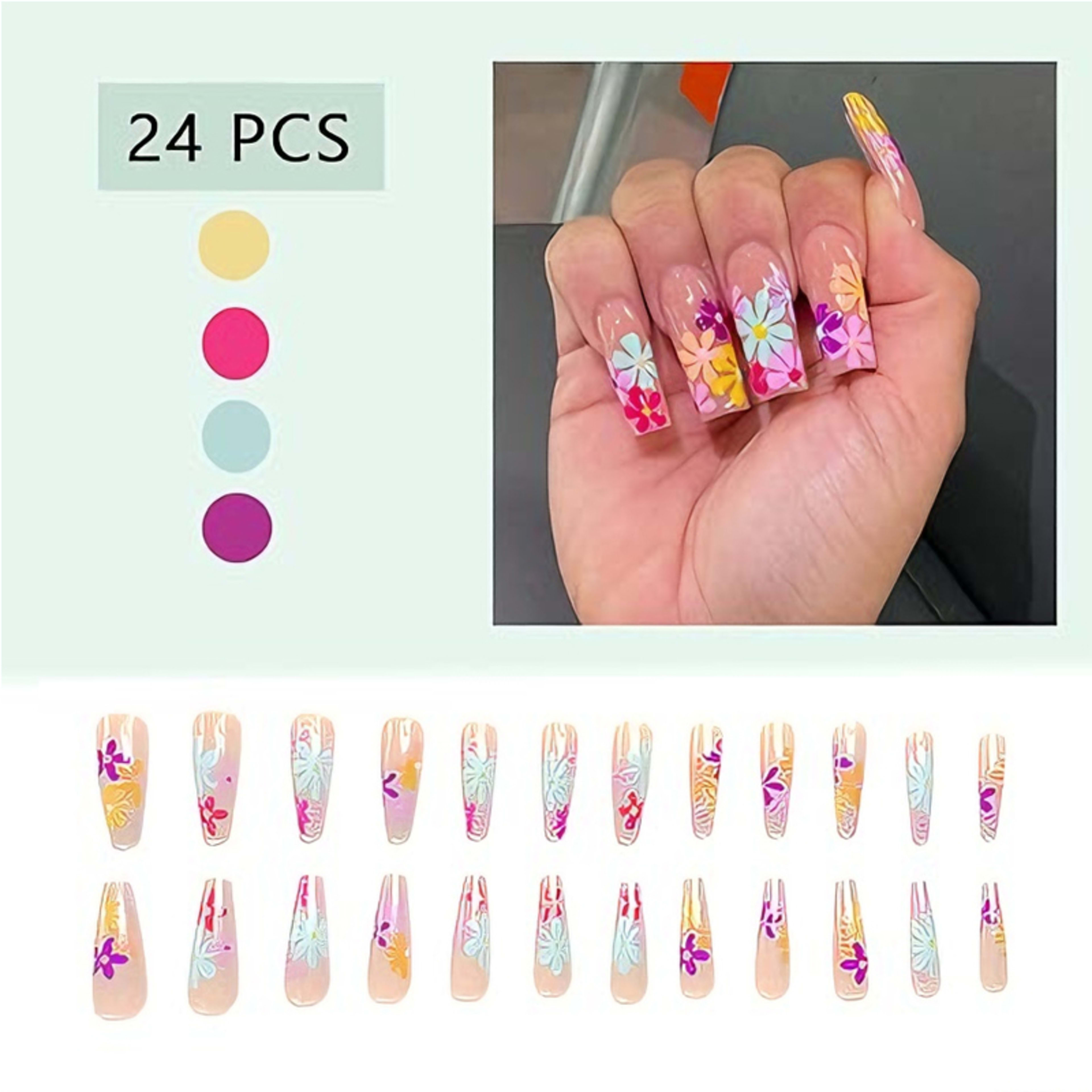 24 PCS Long Flat Flowers Nail Art 7
