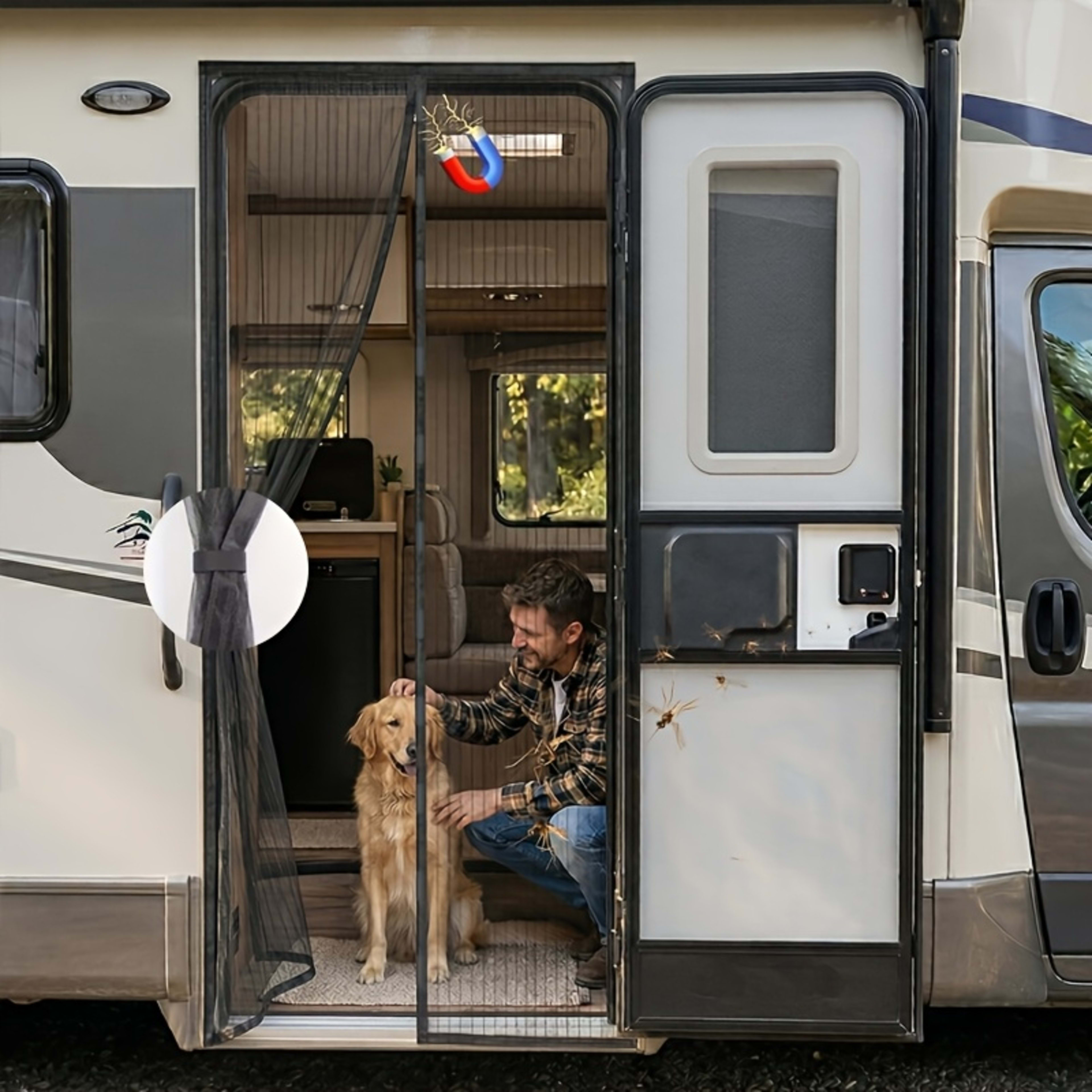 1pc RV Magnetic Screen Door - Easy To Install, Breathable, Mosquito-proof With Storage Straps, Suitable For Camper Vans, 7