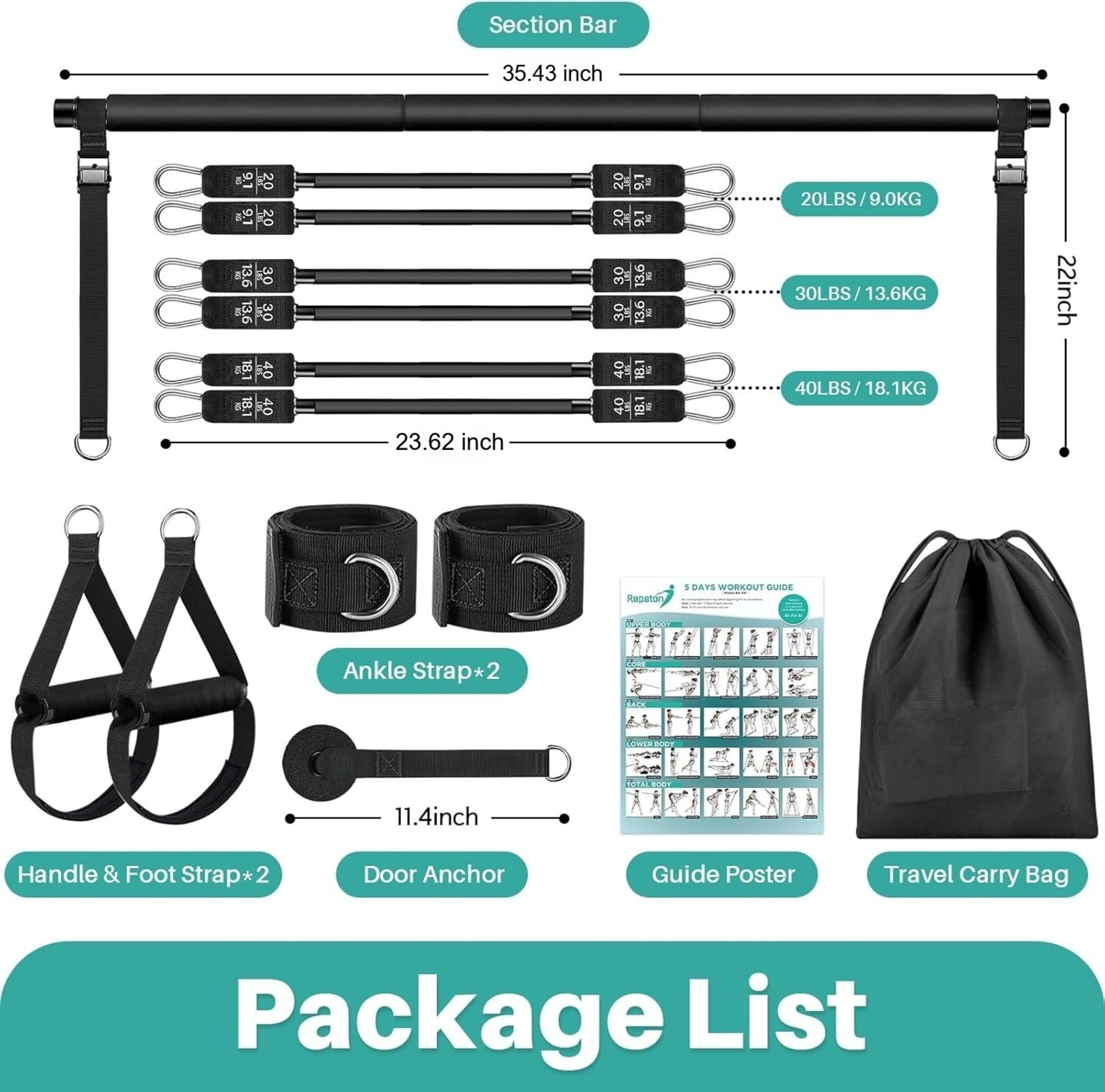 Pilates Bar Kit With 6 Resistance Bands Home Gym Fitness Training Workout Set 2