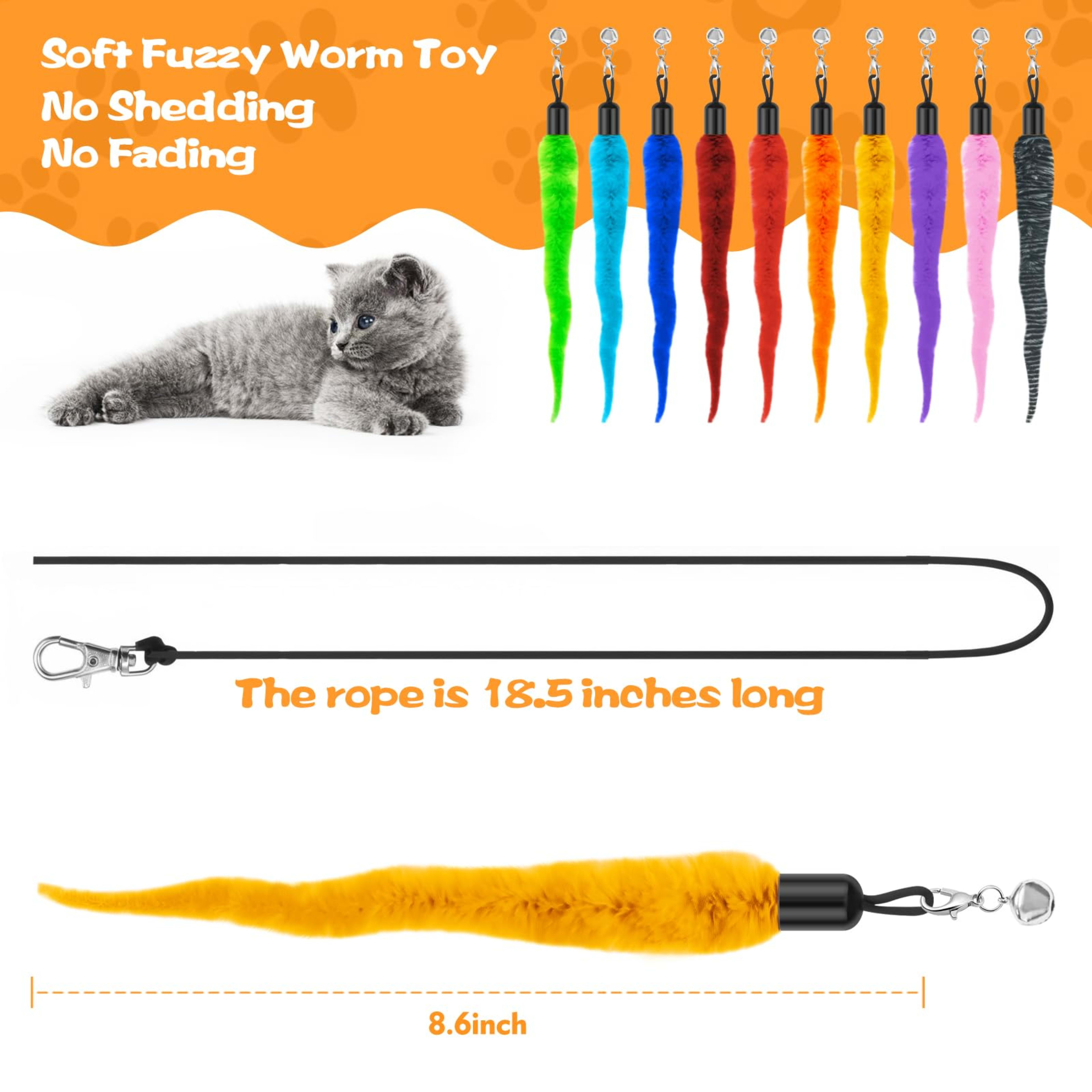 10PCS Cat Worm Toy, Cat Wand Attachment Fuzzy Worm Toys Refill With 1PCS Black String For Wand Replacement, Interactive  3