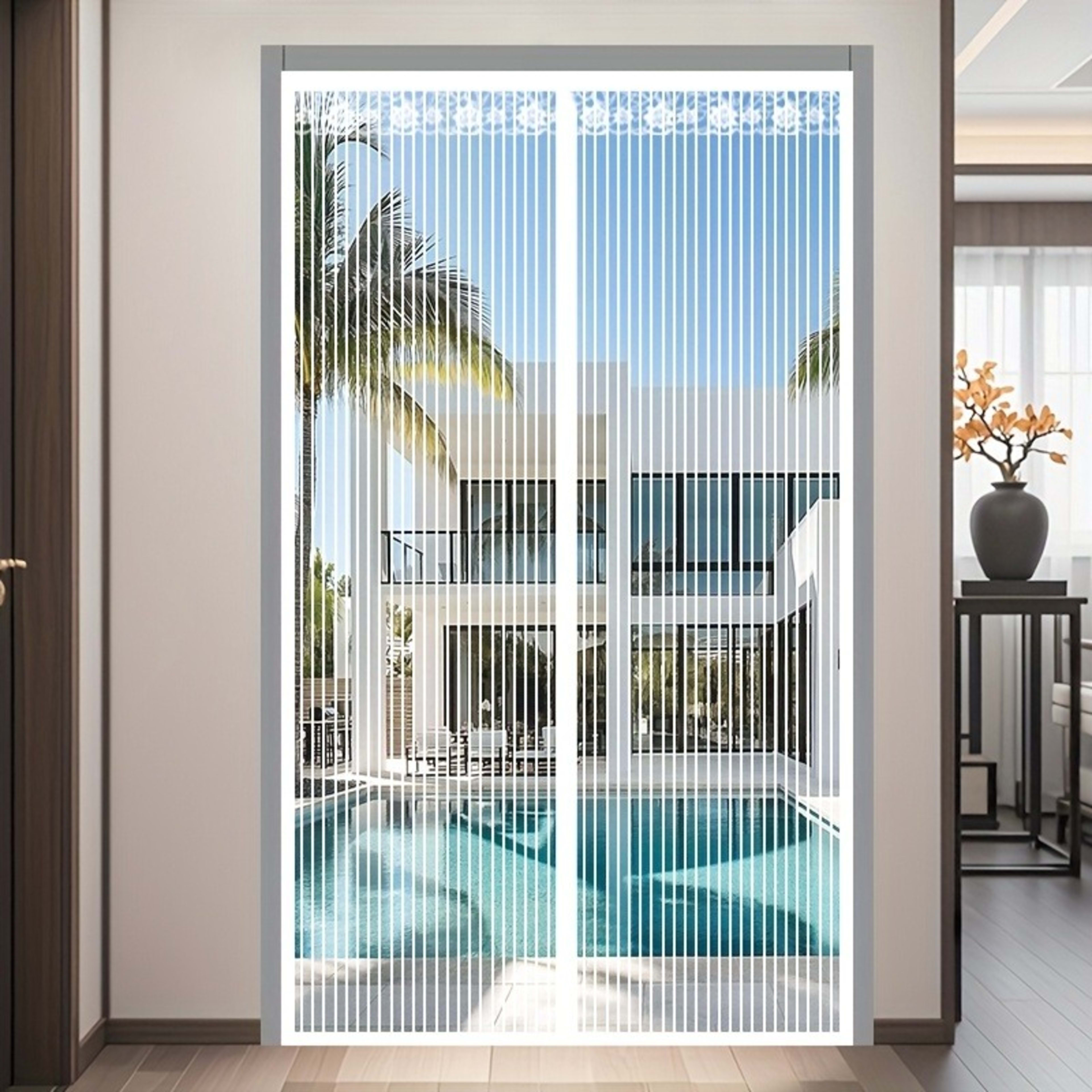 Summer Magnetic Screen Door - White Striped, Easy To Install, Strong Magnet, Automatically Closes Mosquito Net Curtain,  14