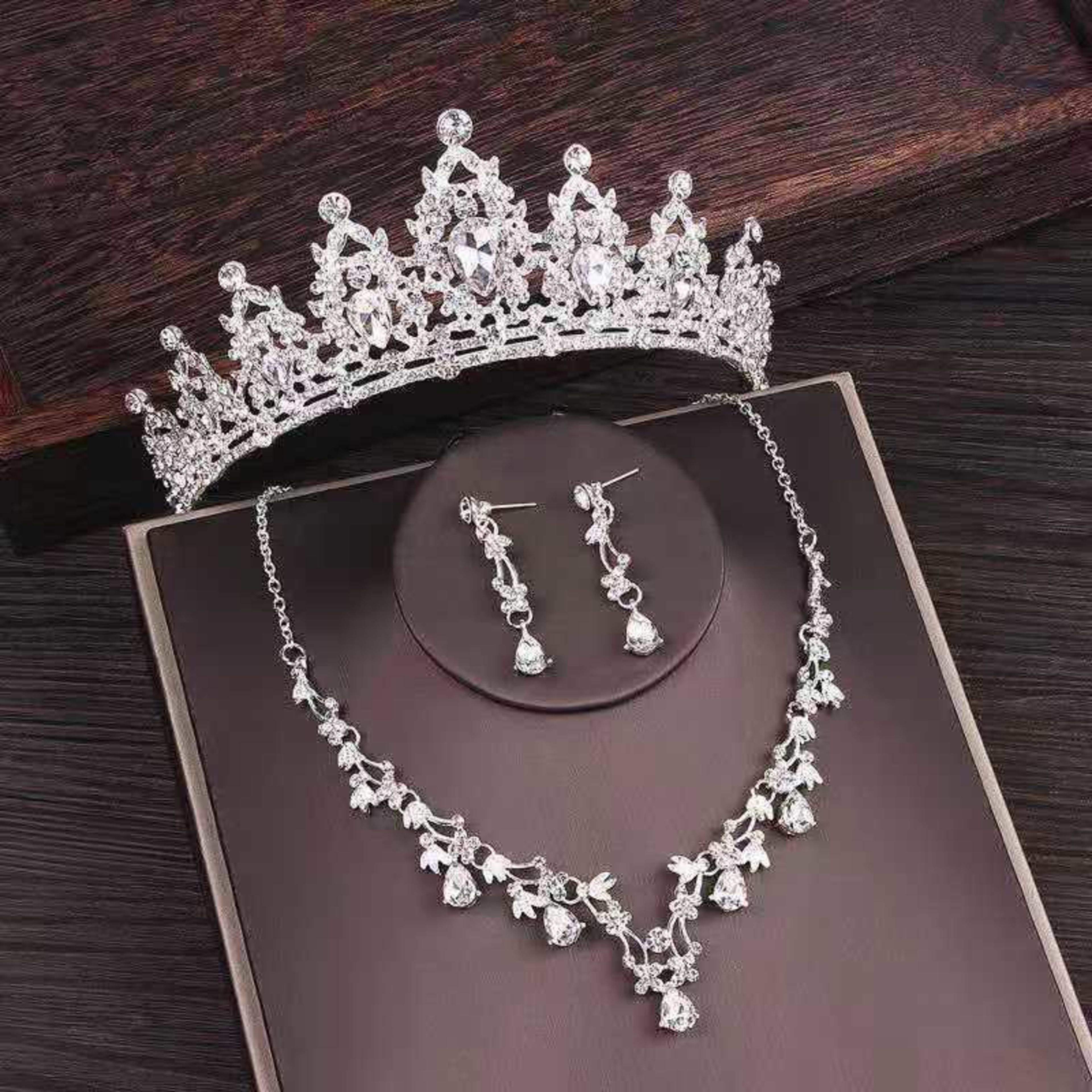 Bridal Rhinestone Crown Necklace Set Wedding Accessories 13