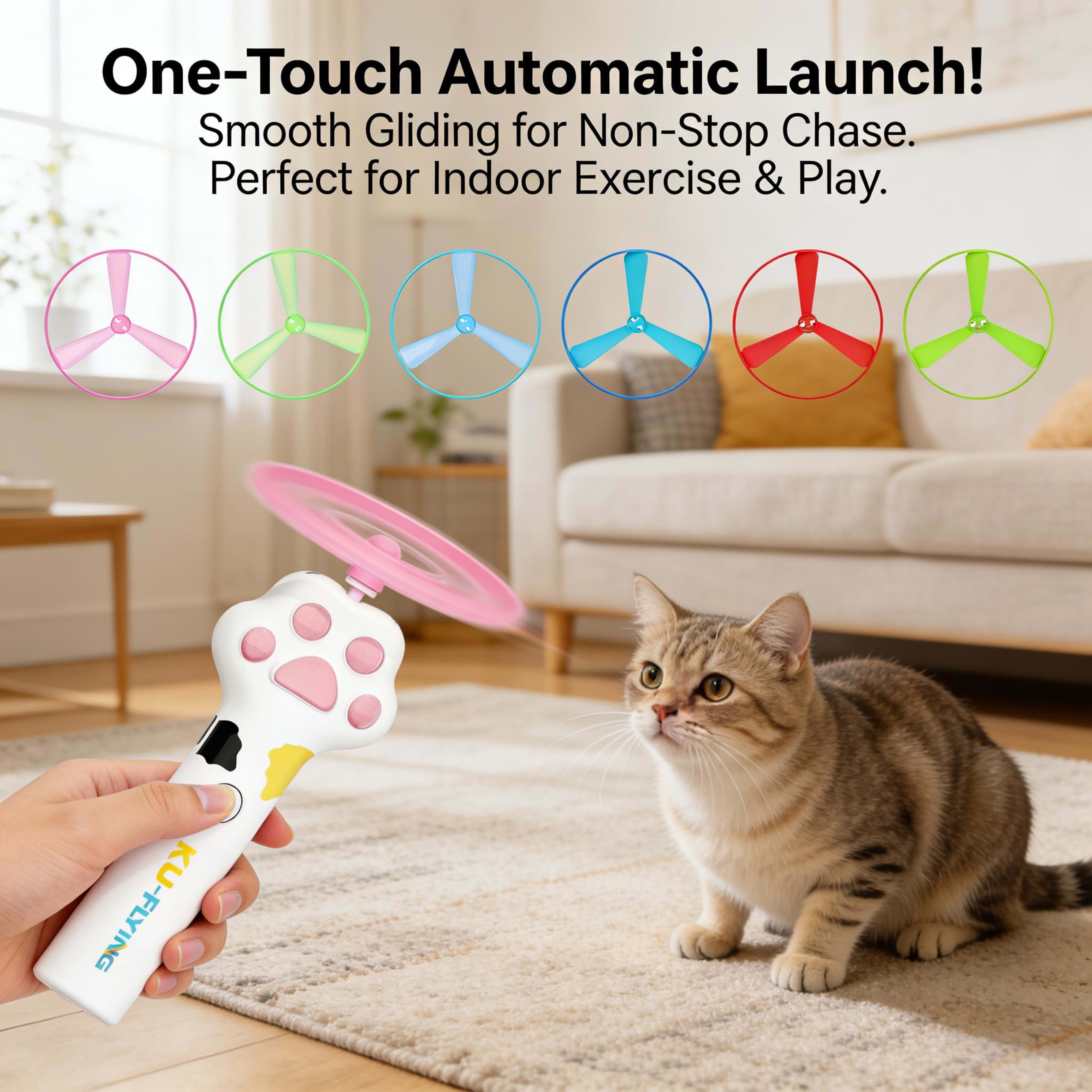 Cat Fetch Toy Launcher,Flying Disc Launcher Toy Rechargeable With 6 Flying Discs,Flying Cat Toy Disc Launcher For Kitten 8