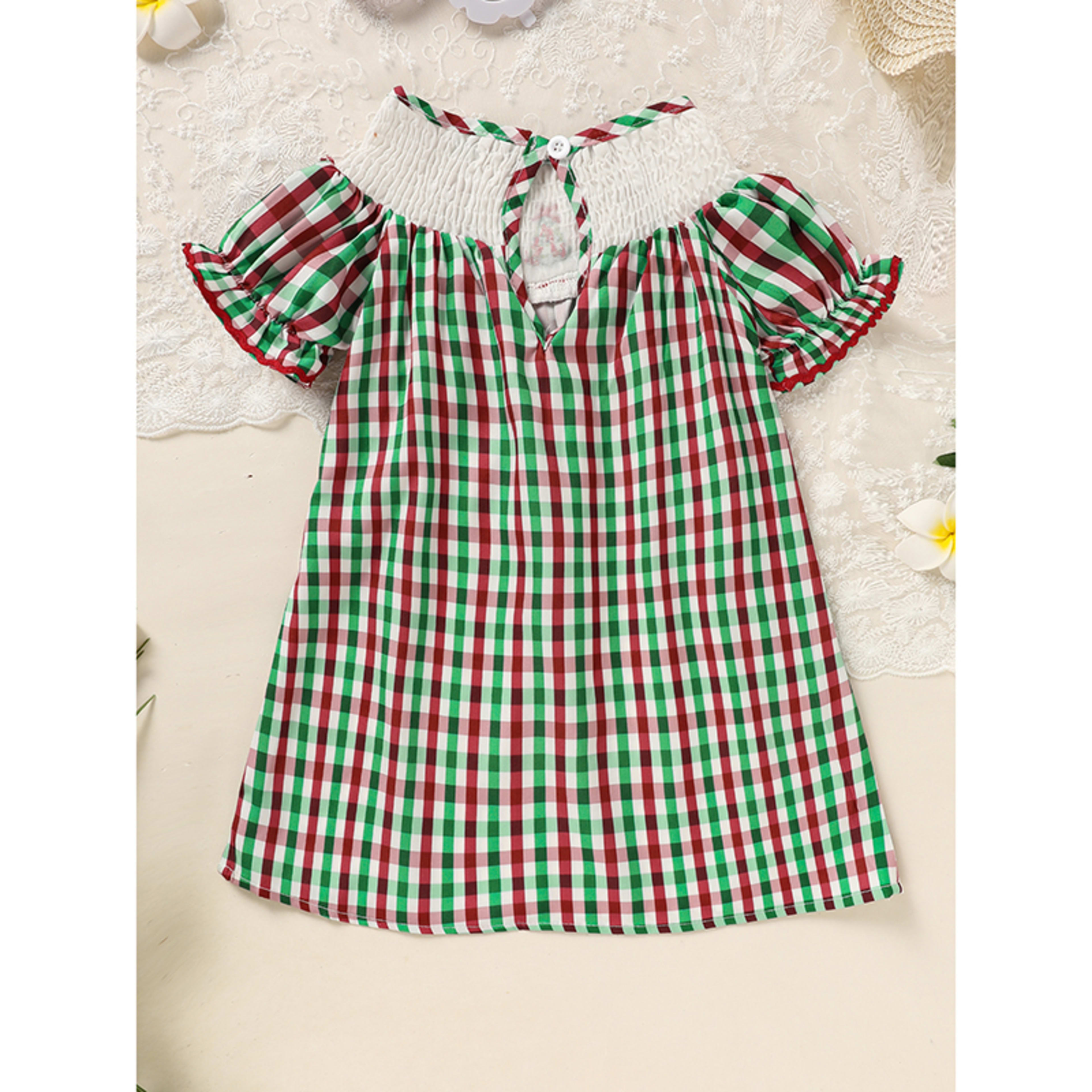 Toddler Infant Baby Girls Christmas Dress Short Sleeve Christmas Tree Embroidered Plaid Casual Party Dresses 13