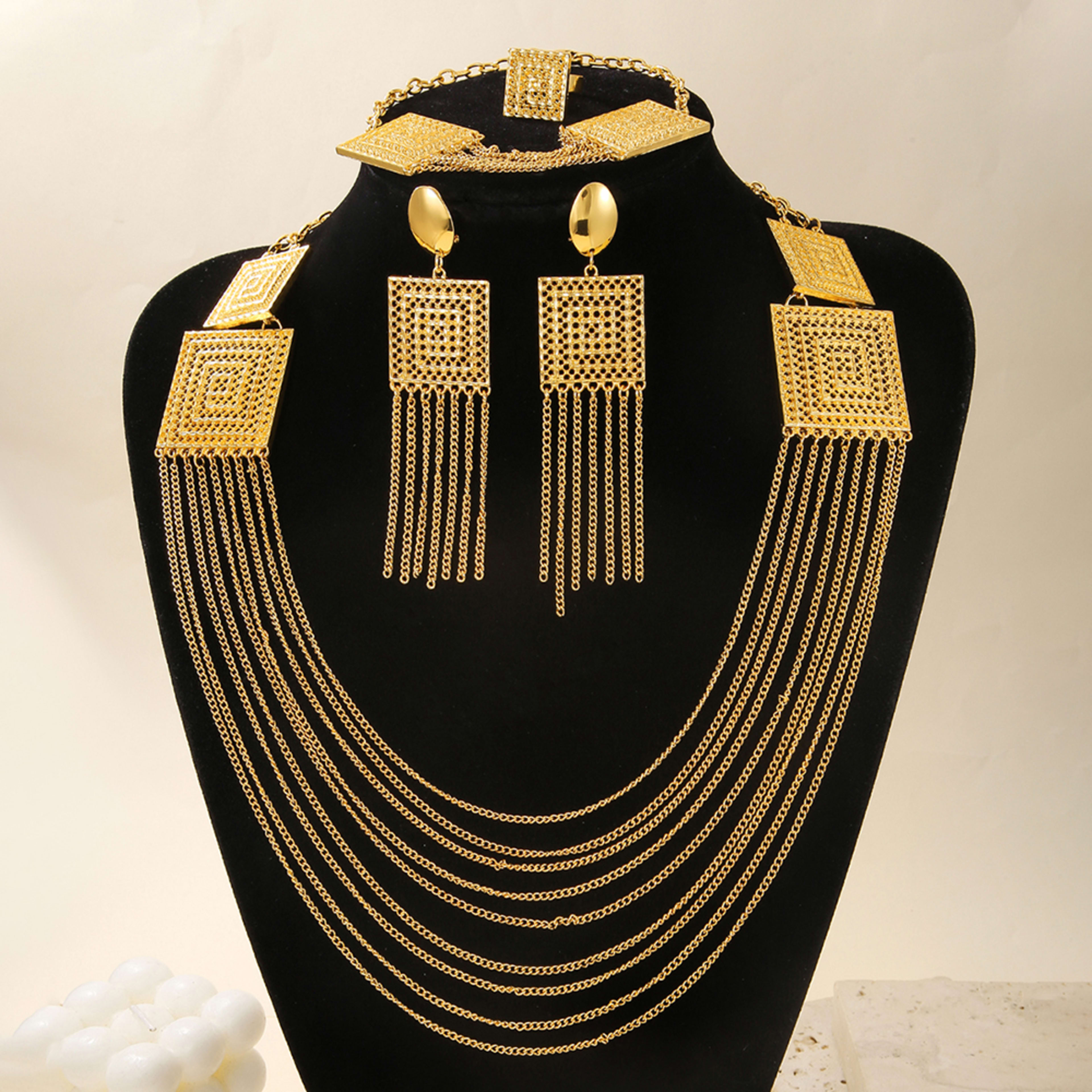 5pcs Fashion Ladies 18k Gold Plated Jewelry Set Tassel For Holiday Wear, Wedding Scene Jewelry, Multi-layered Temperamen 5