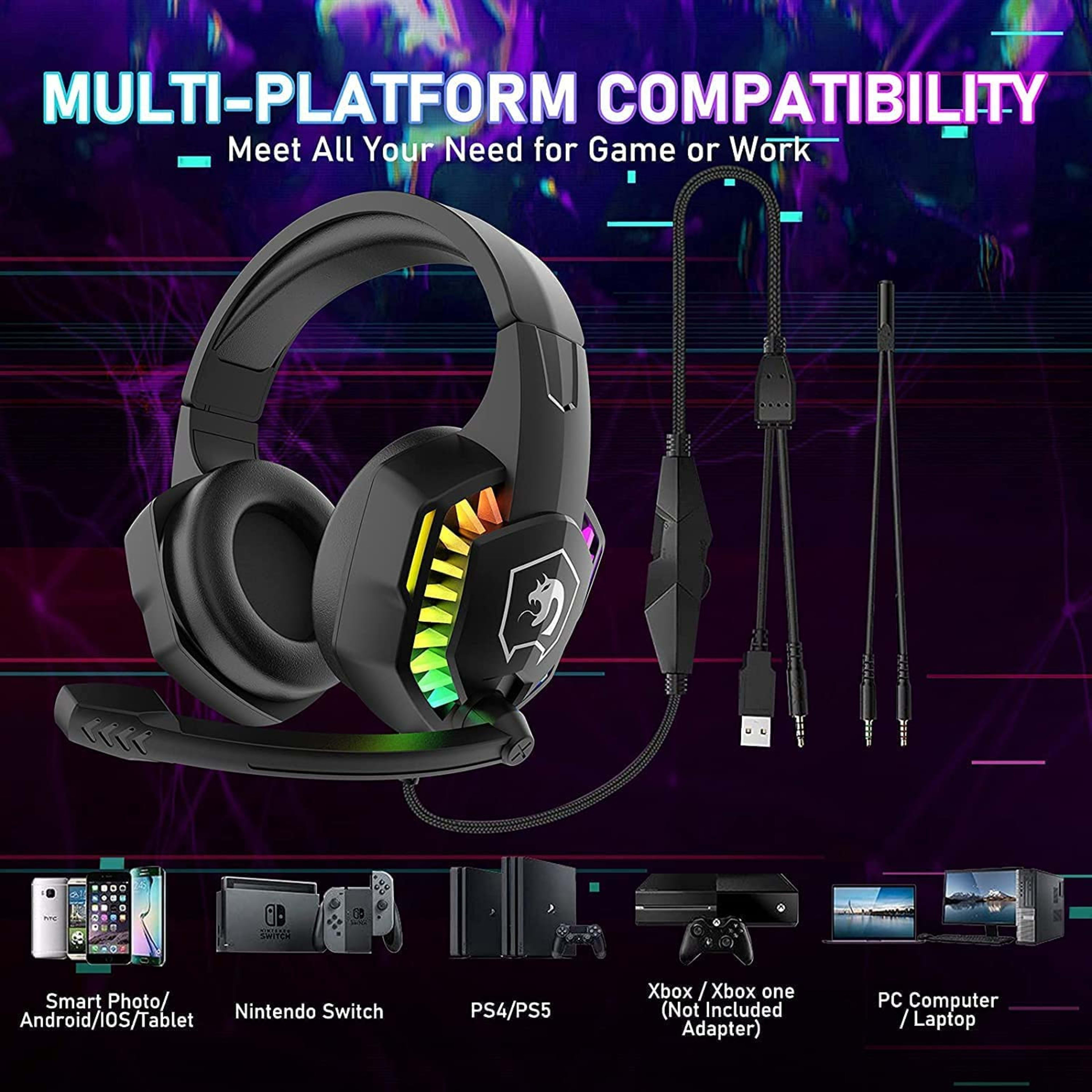 Wired Gaming Headset With Rainbow RGB Backlight Retractable Stereo Sound For PS4 4