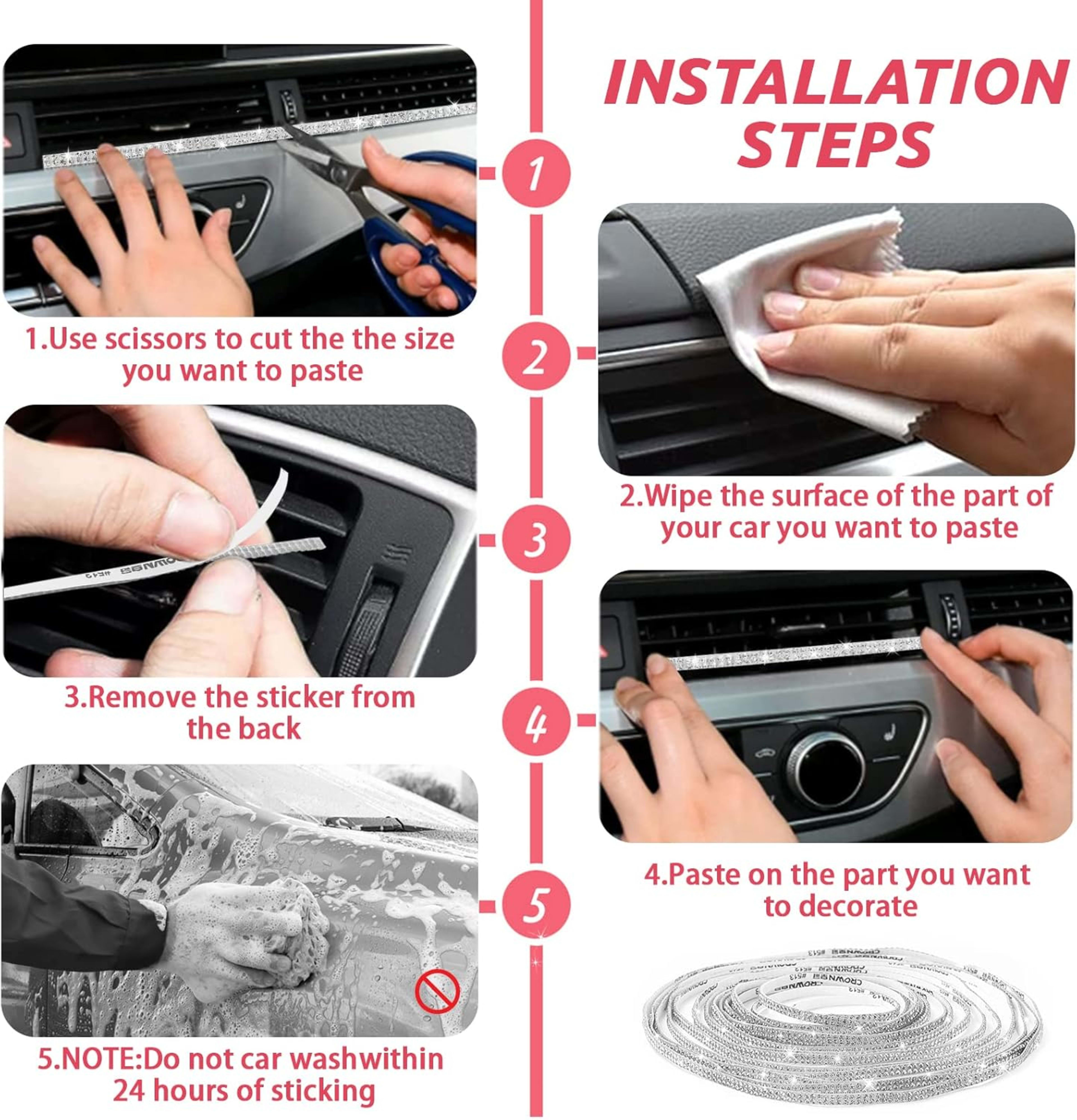 2-piece Car Interior Kit With Shiny Butterfly Net Rhinestone Stickers And 1-piece Bling Self-adhesive Car Decals 12