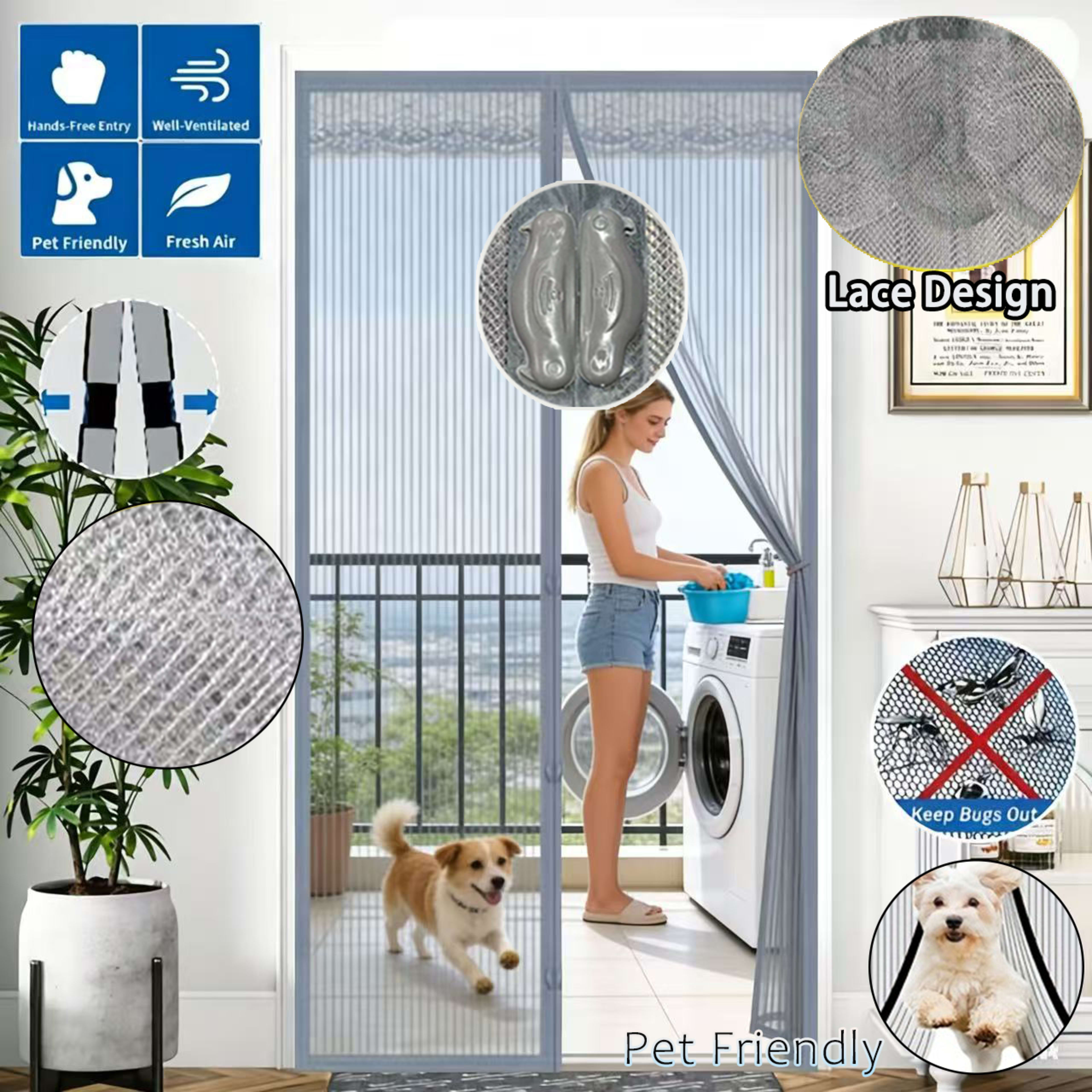 Magnetic Screen Door Curtain - Manual Or Automatic Closing Mesh, White Stripe Design, Mosquito-proof Summer Breathable P 1