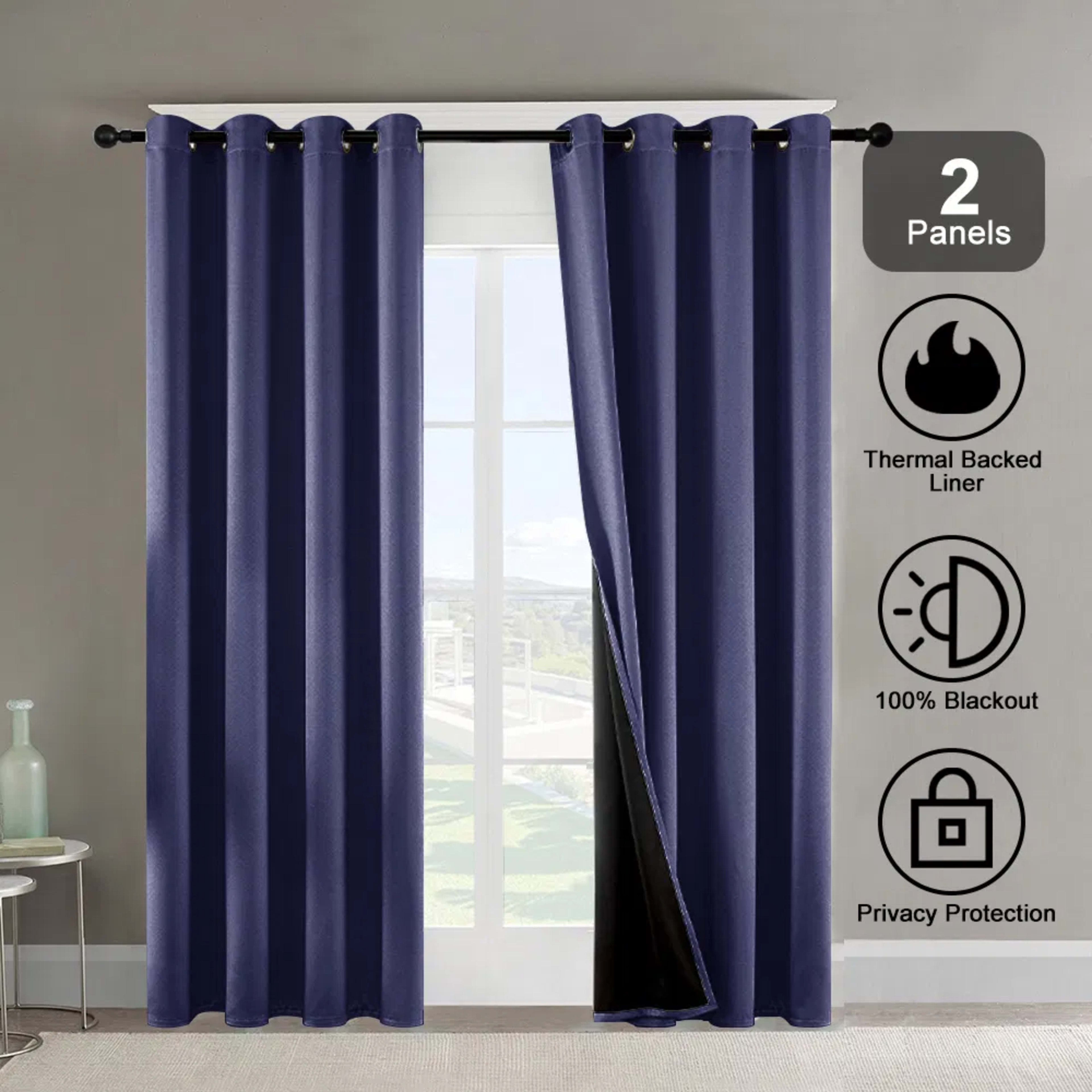 Polyester Grommets Thermal Insulated With Coated Lining 52 In. W X 84 In. L Indoor Blackout Curtains 3 Colors Available, 1