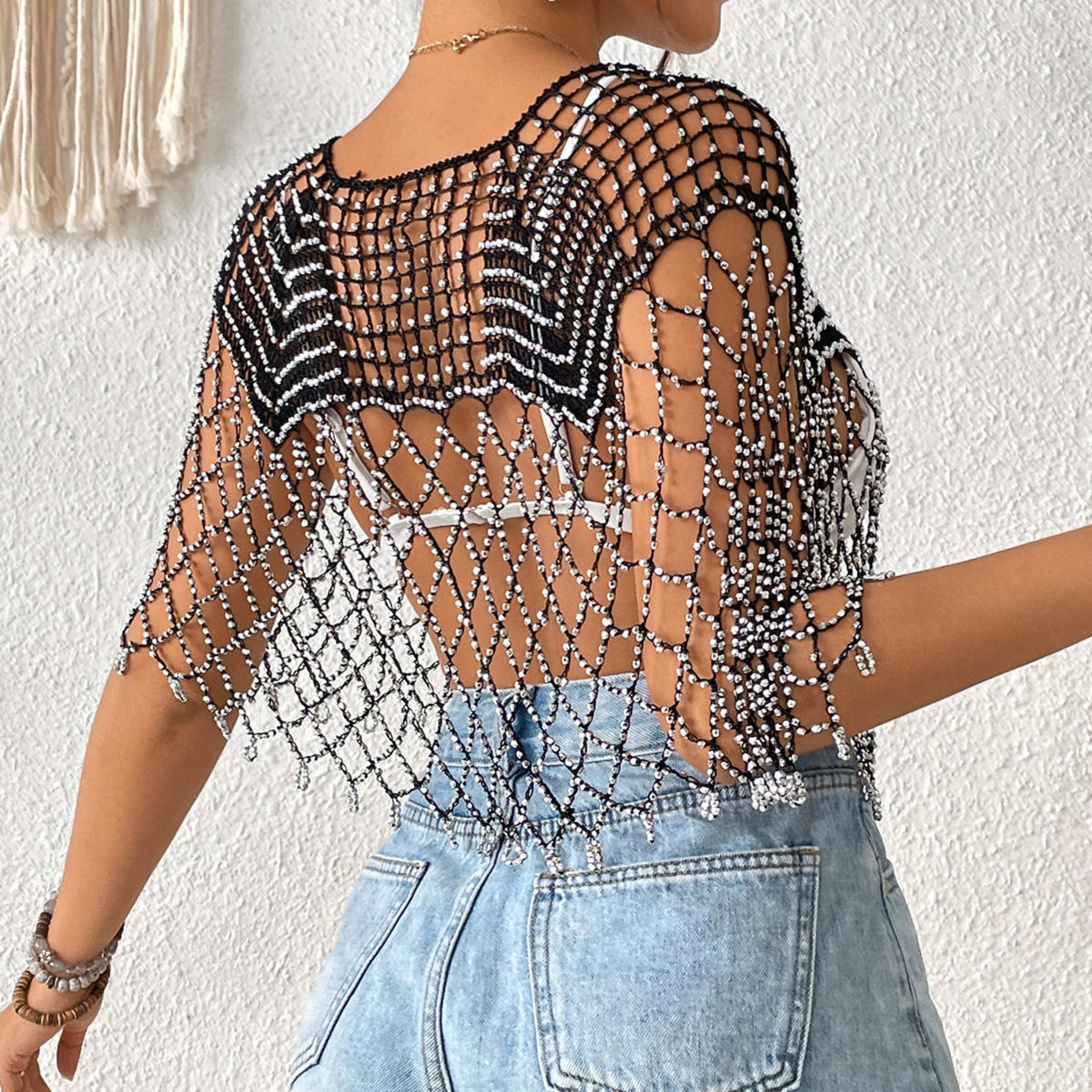 New Arrival Women Hollow Out Beaded Tassel Cape Shawl, Sheer Sun Protection Bikini Cover Up, European American Resort Be 2