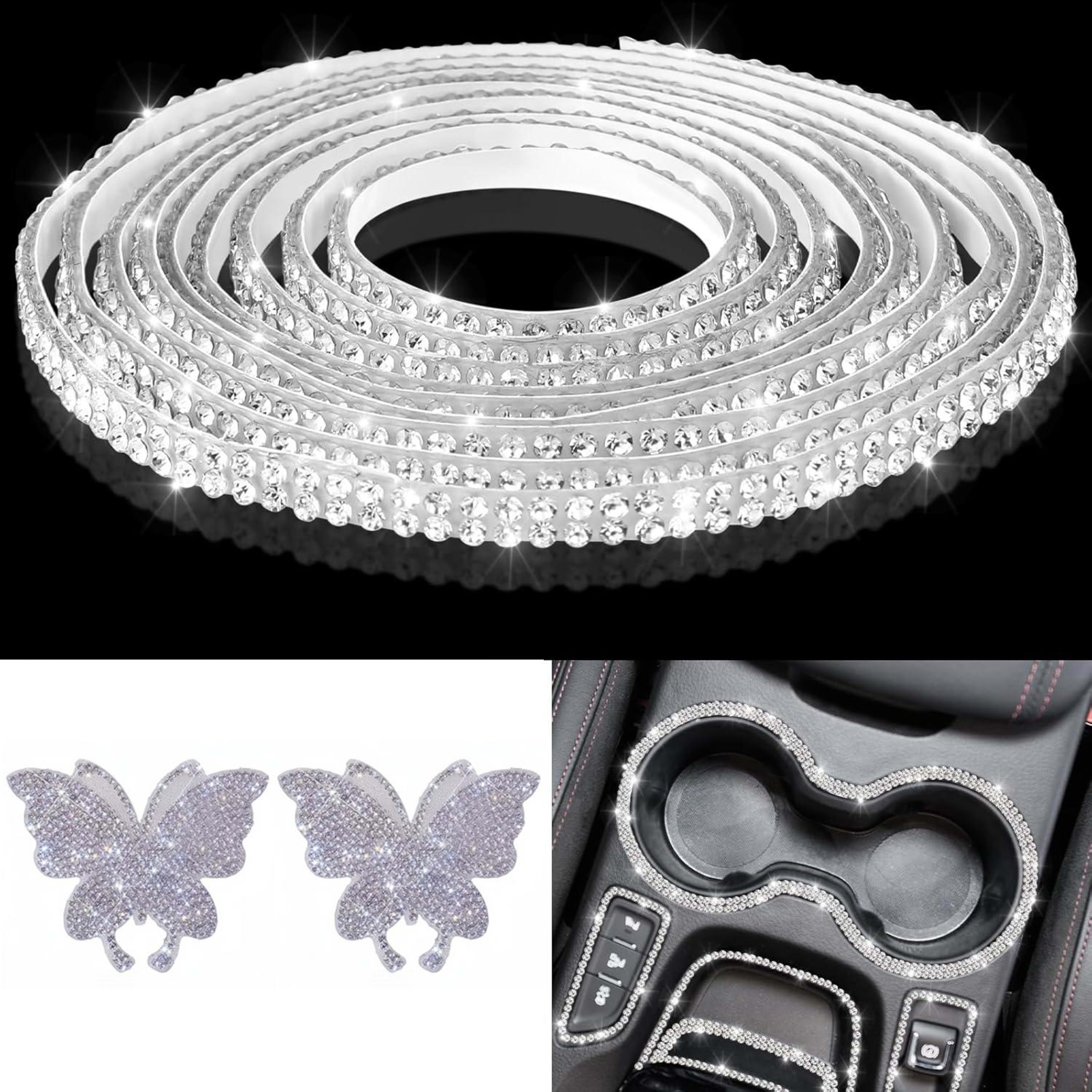 2-piece Car Interior Kit With Shiny Butterfly Net Rhinestone Stickers And 1-piece Bling Self-adhesive Car Decals 14