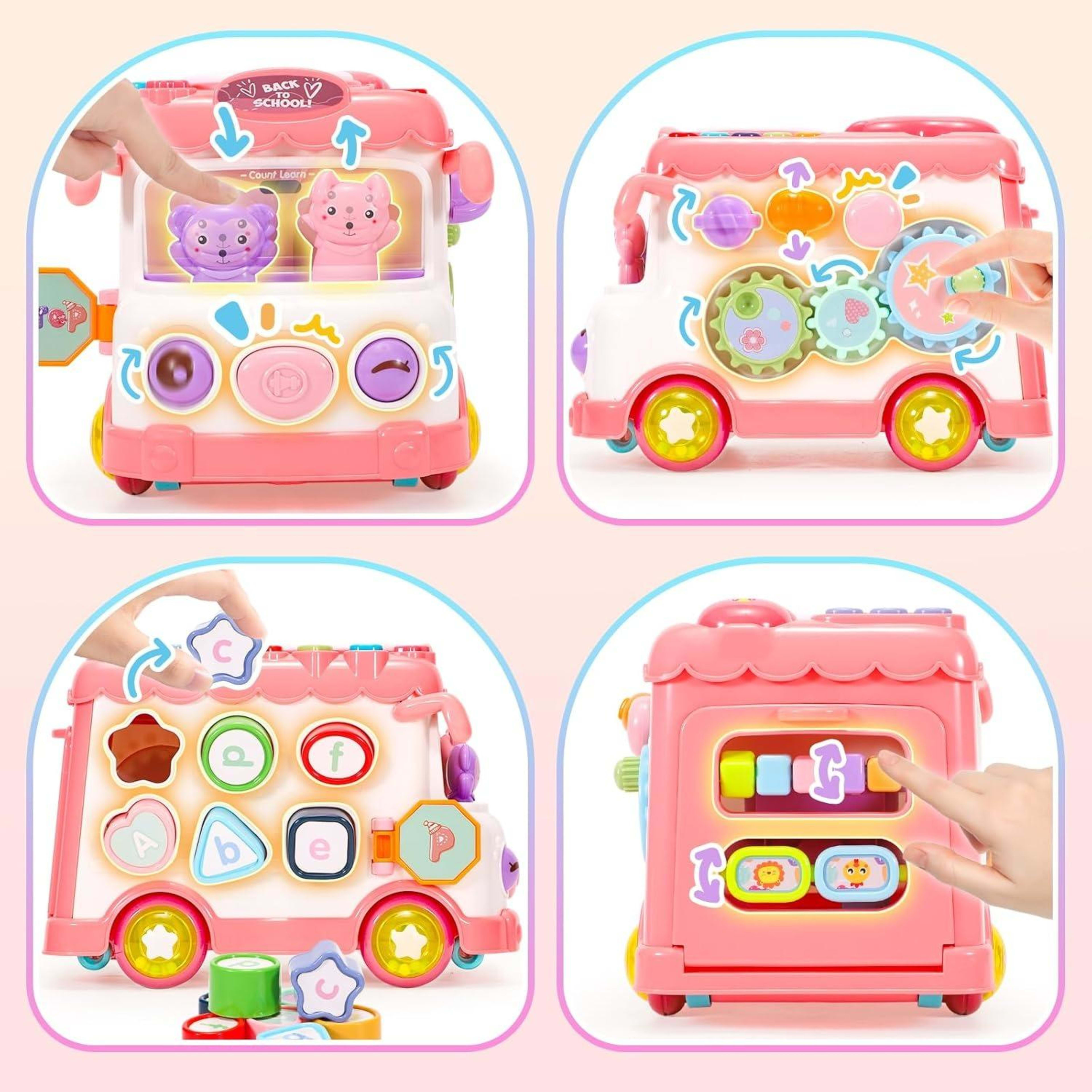 Baby Activity Bus Toy Set 6-in-1 Multifunctional Musical Learning Bus Includes Mini Car & Building Blocks Early Educatio 3