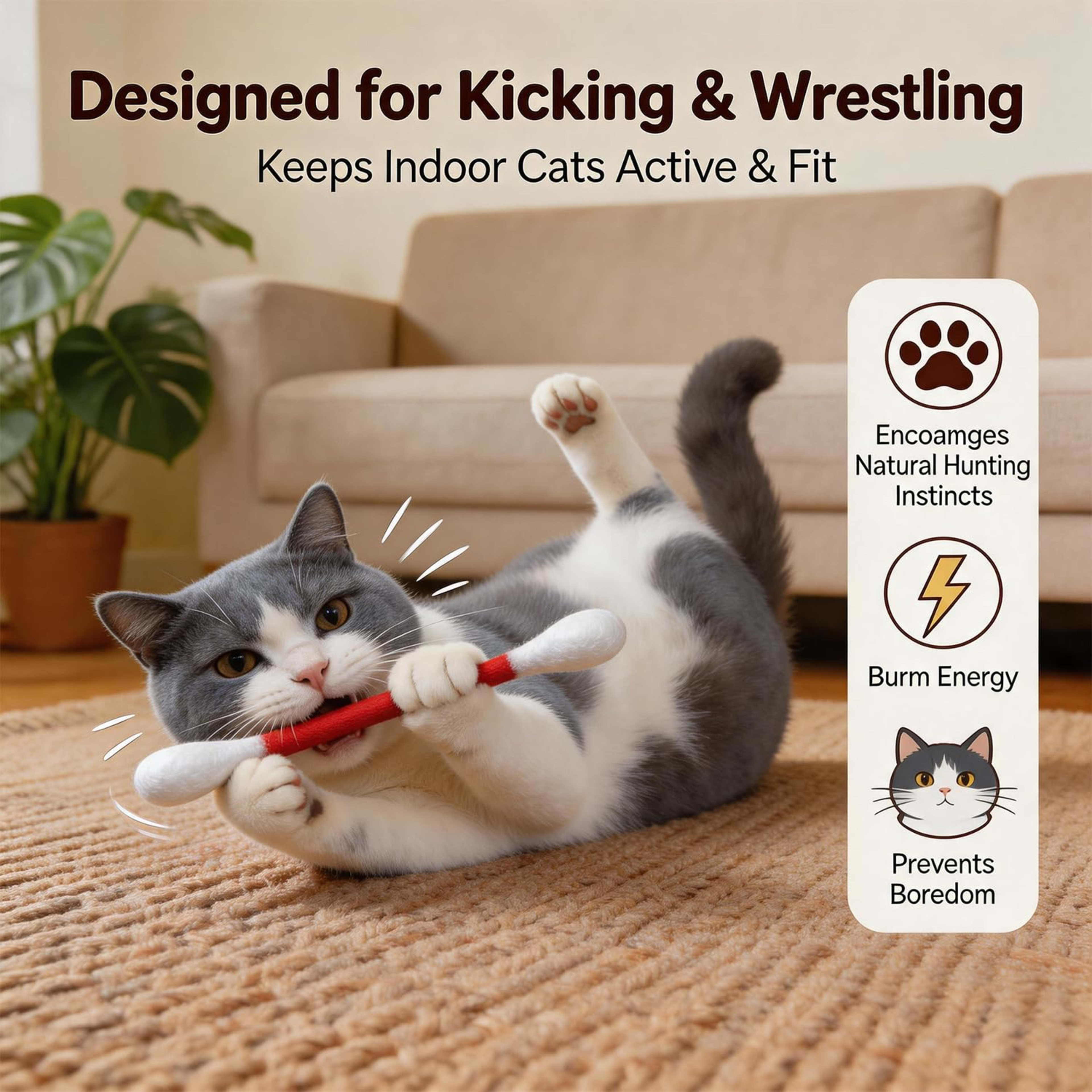 6Pack Cotton Swabs Cat Toys With Catnip, Giant Qtip Chew Sticks & Teething Ropes For Boredom Relief, Durable Interactive 6