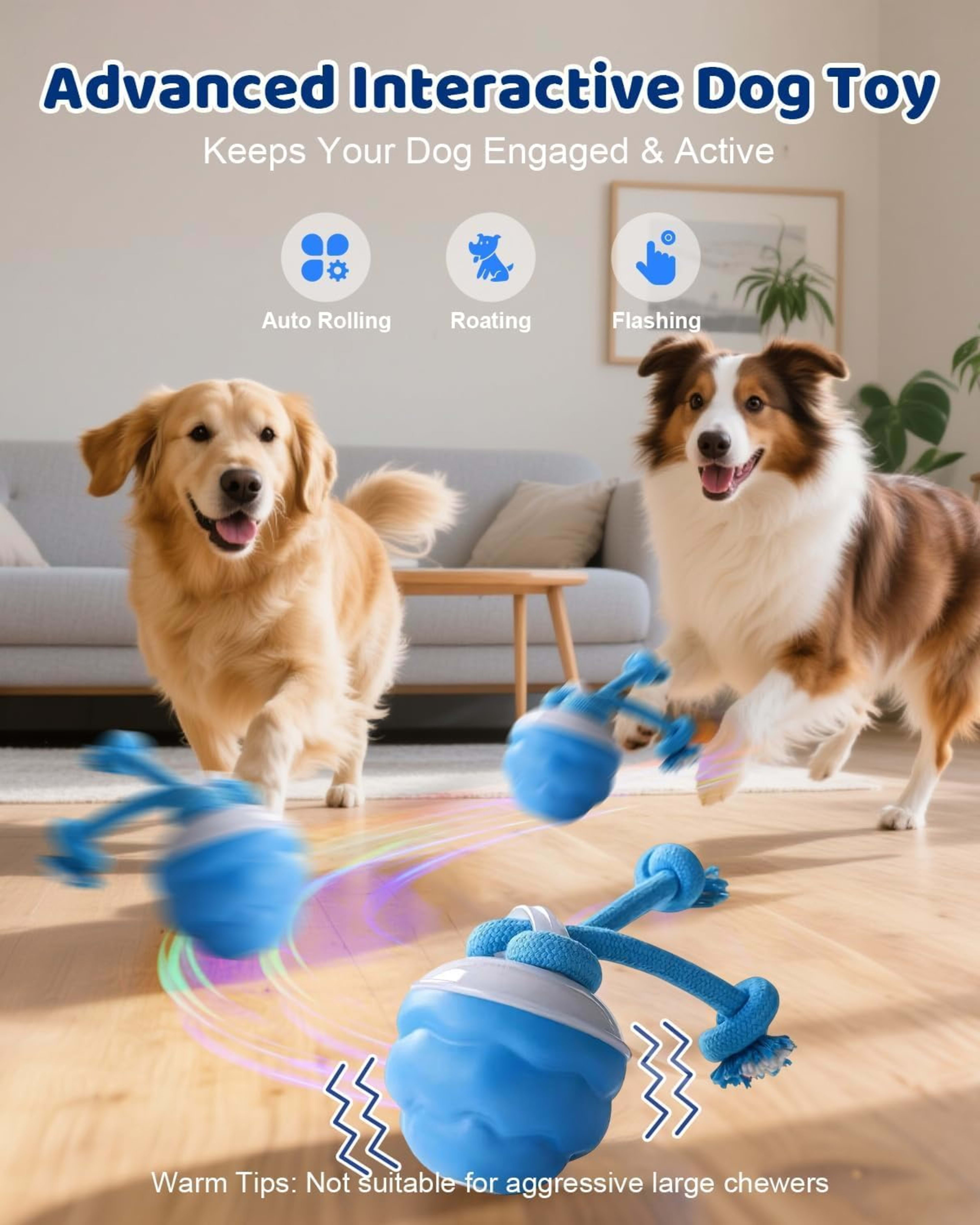 Interactive Dog Toys With Rope -Smart Dog Ball Built-in Barking Sound, Motion Activated USB-C Rechargeable Dog Toy With