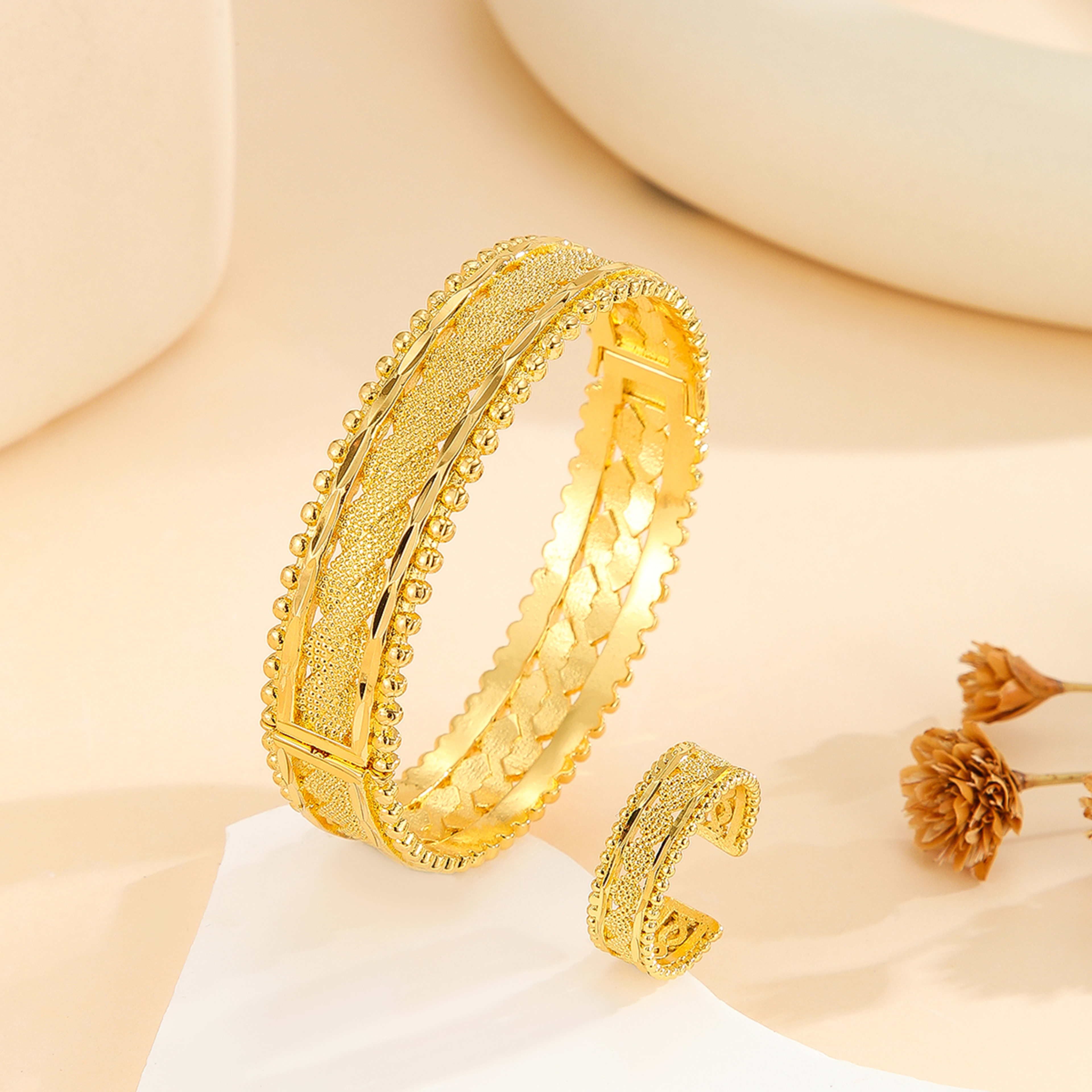 2pcs Vintage Gold Plated Bracelet, Open Bracelet Ring Jewelry, Women's Festival Wedding Jewelry Set 6