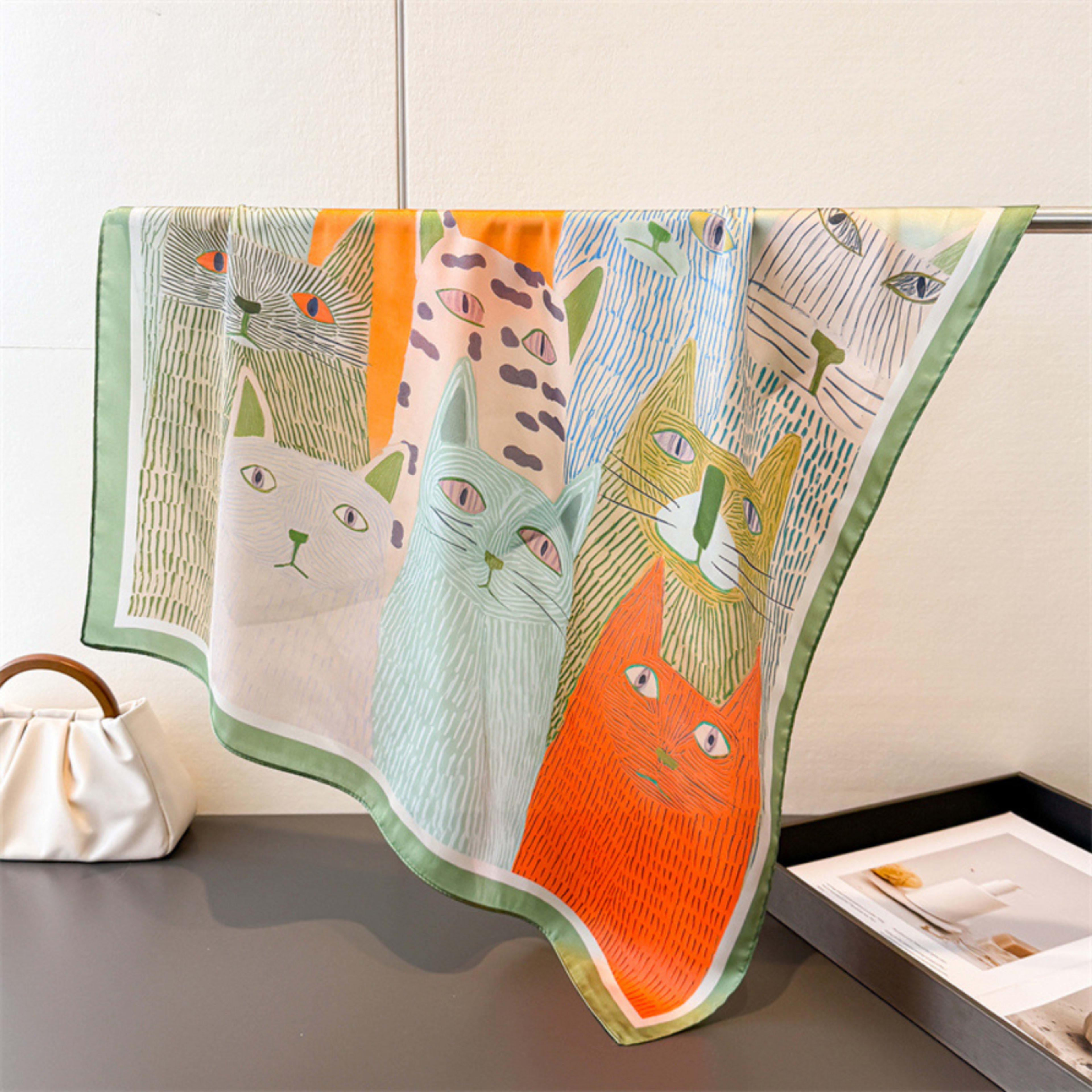 Cartoon-printed Cat Small Square Scarf With Silk Satin Surface. Cute Animal Print Decorative Headscarf. Fashionable And  6