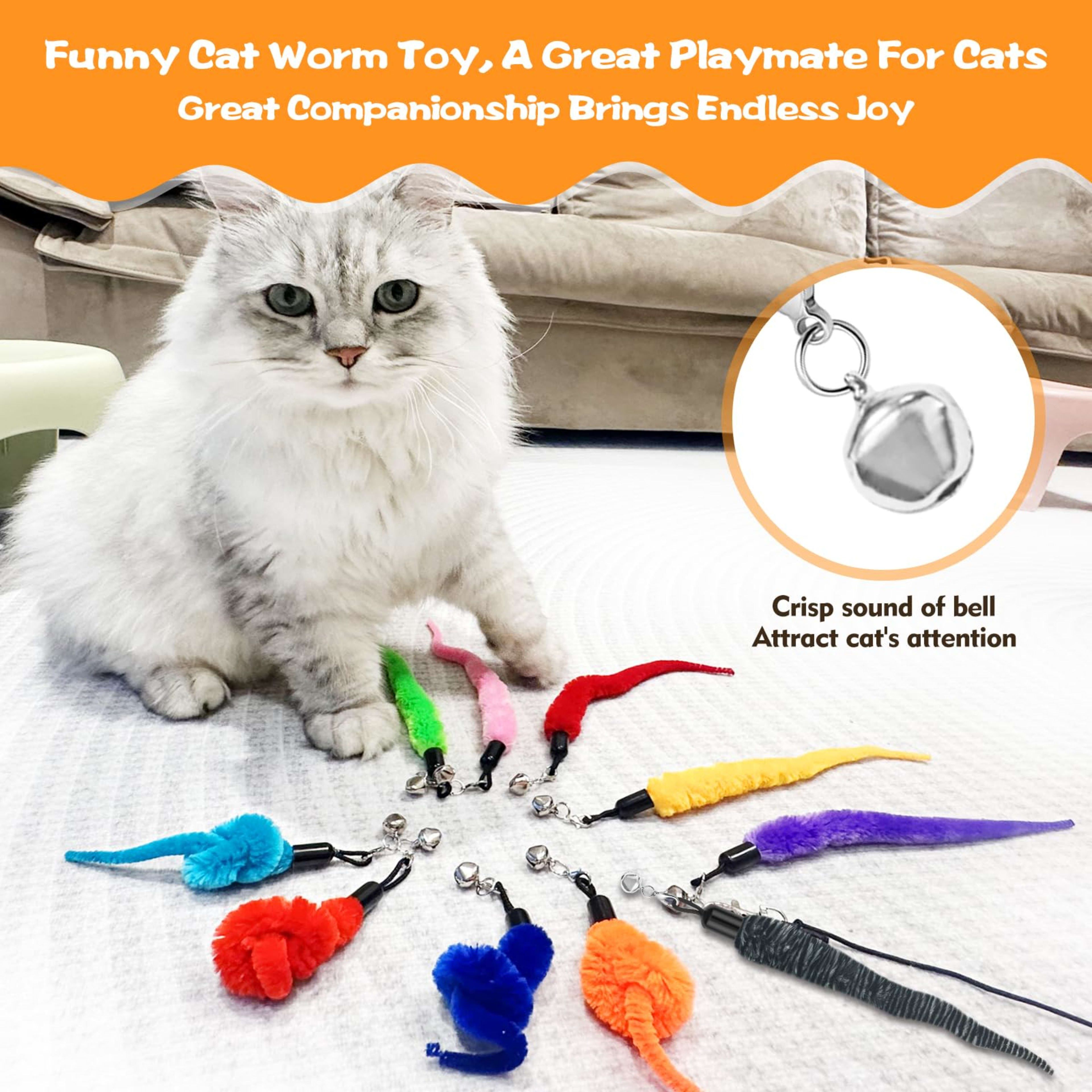 10PCS Cat Worm Toy, Cat Wand Attachment Fuzzy Worm Toys Refill With 1PCS Black String For Wand Replacement, Interactive  1