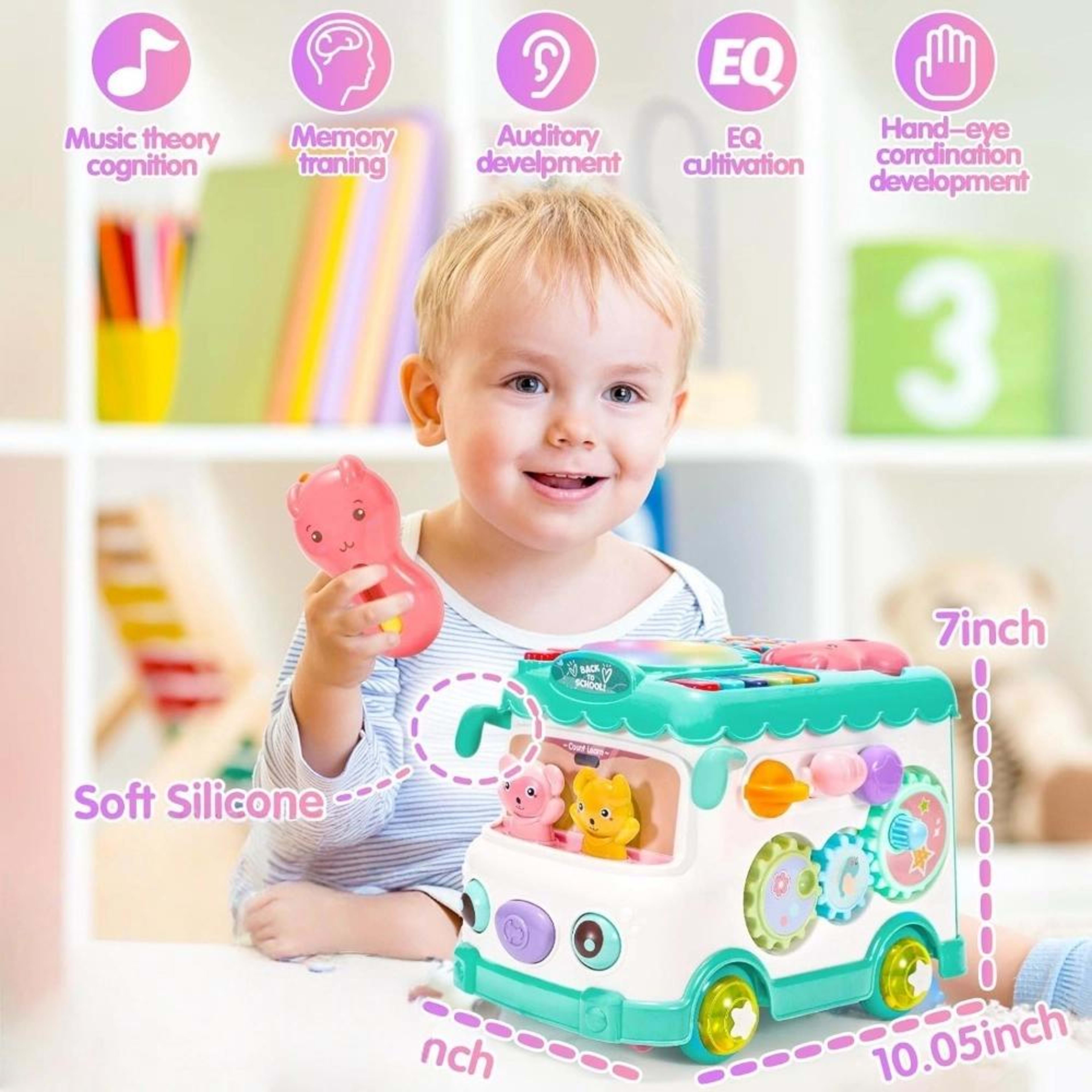 Baby Activity Bus Toy Set 6-in-1 Multifunctional Musical Learning Bus Includes Mini Car & Building Blocks Early Educatio 8
