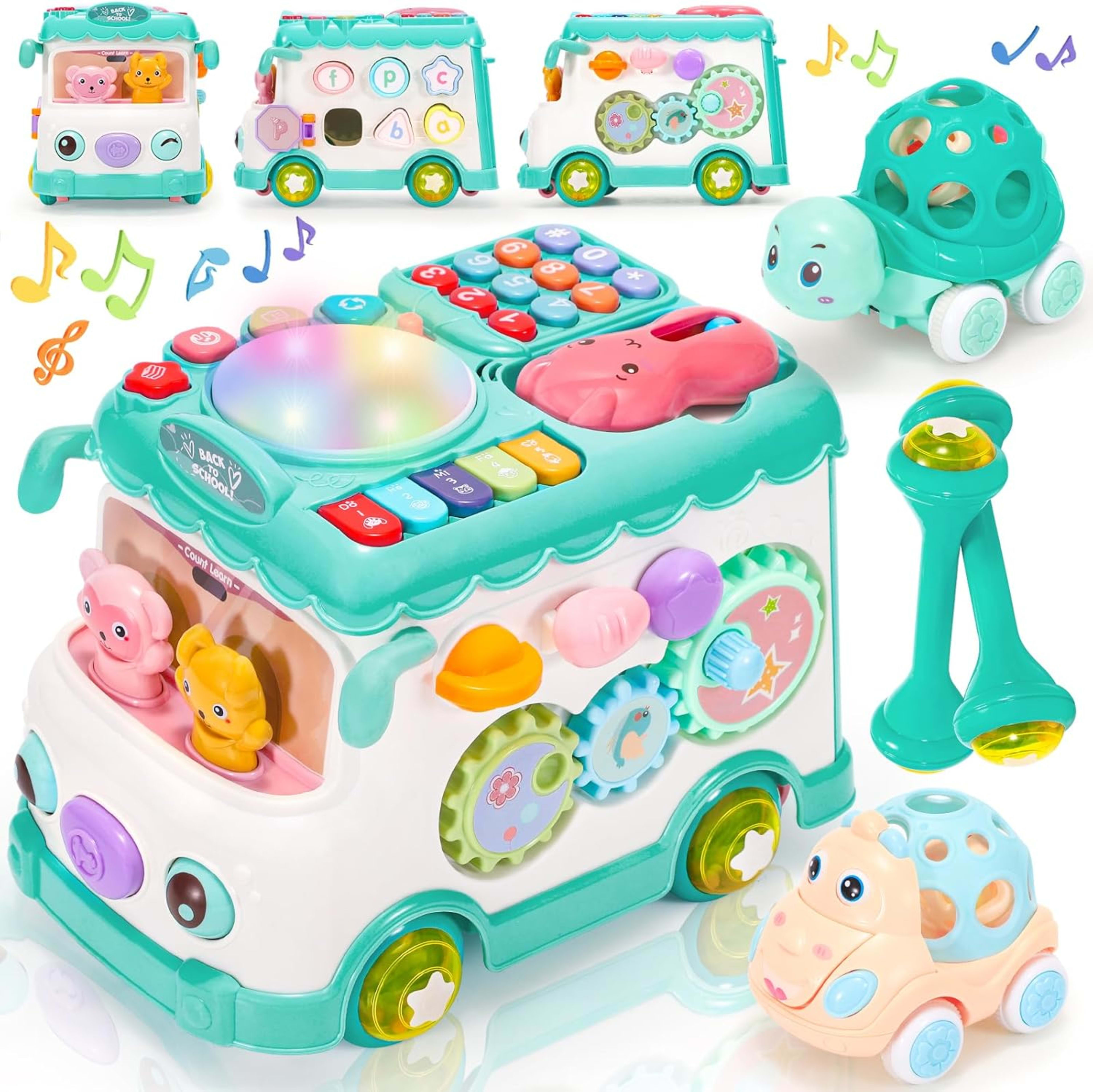 Baby Activity Bus Toy Set 6-in-1 Multifunctional Musical Learning Bus Includes Mini Car & Building Blocks Early Educatio 17