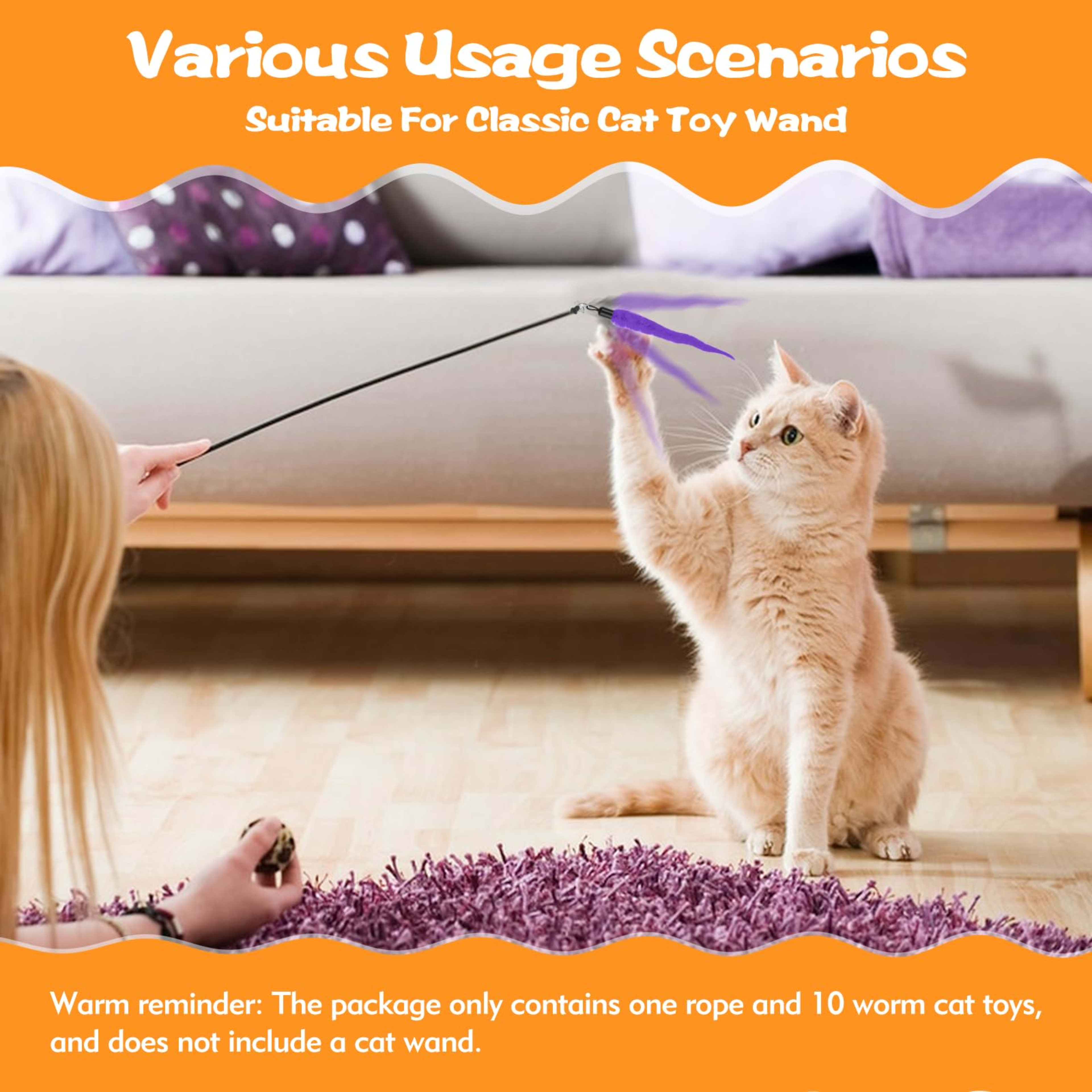 10PCS Cat Worm Toy, Cat Wand Attachment Fuzzy Worm Toys Refill With 1PCS Black String For Wand Replacement, Interactive  2